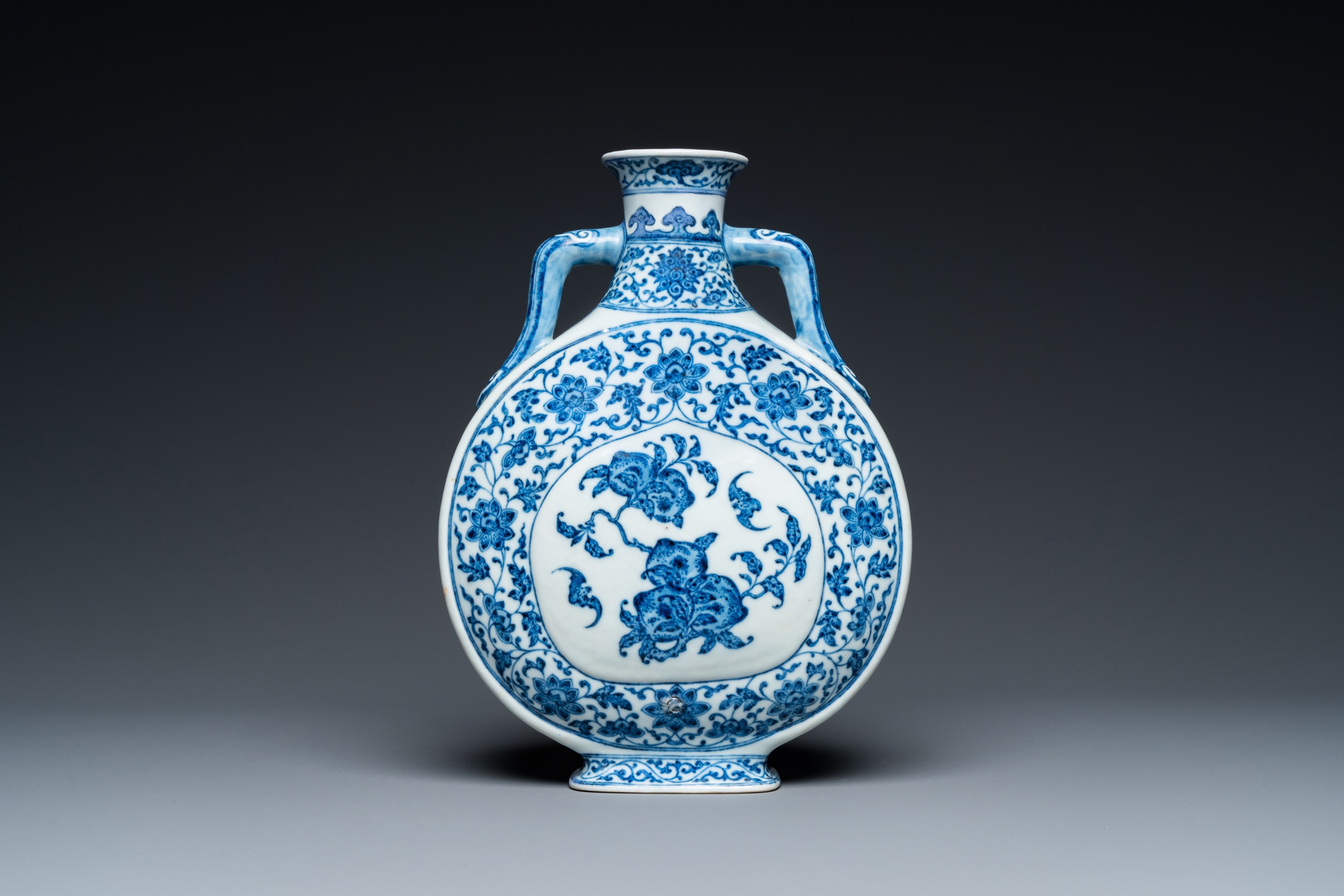 A Chinese blue and white Ming-style 'peaches' moonflask or 'bianhu', Jiaqing mark and of the period - Image 3 of 25