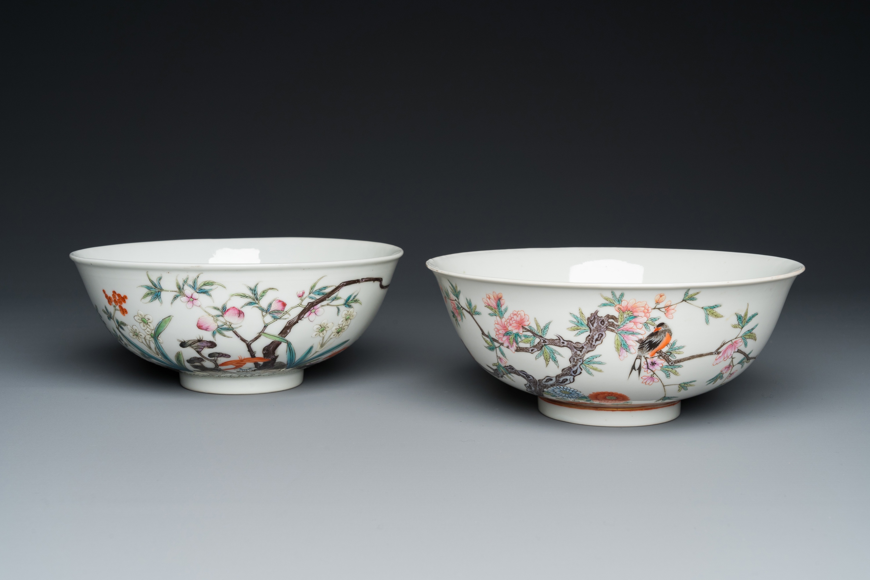 Two Chinese famille rose 'magpie and peaches' bowls, Xuantong marks but probably Republic