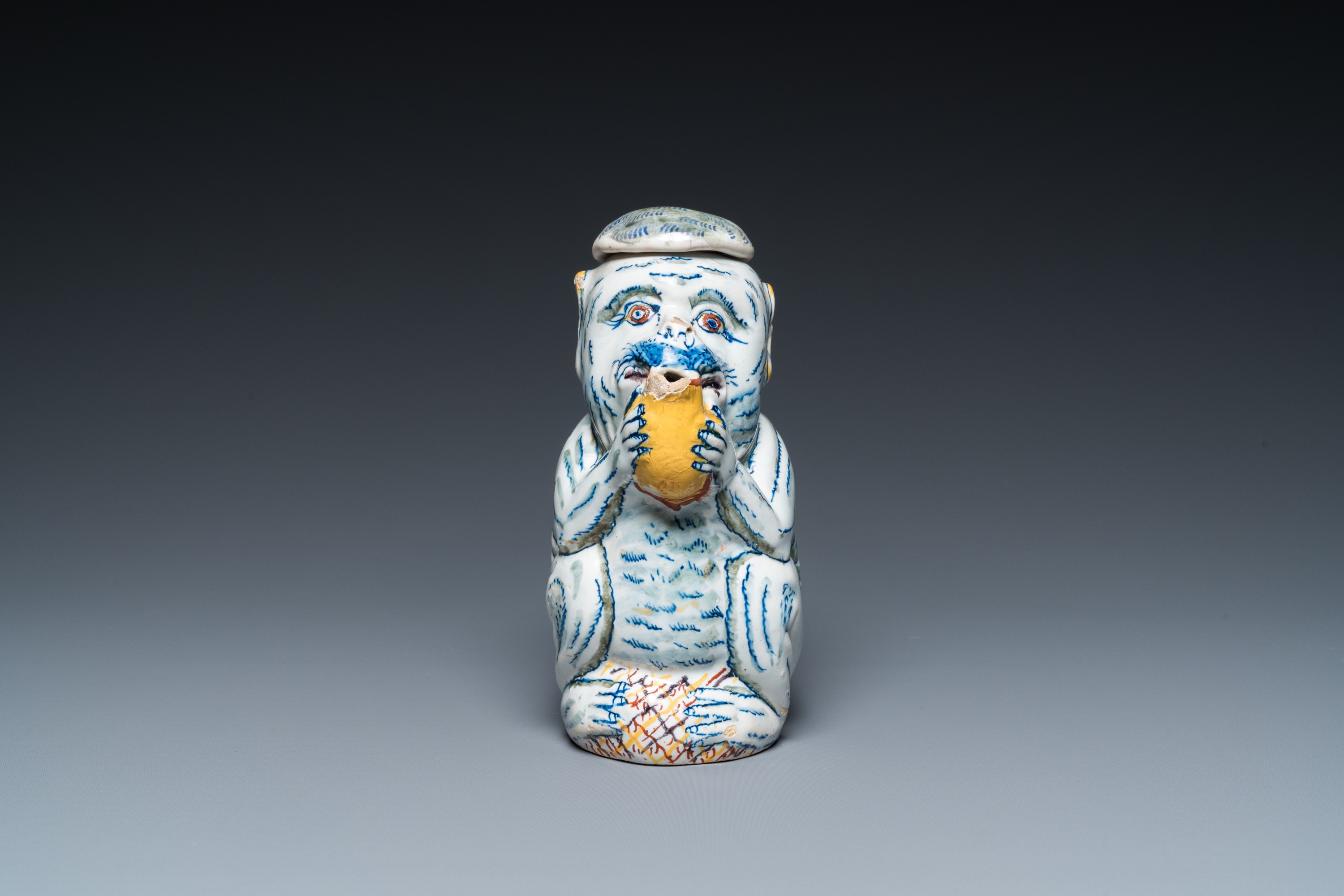 A polychrome Dutch Delft 'monkey' jug, 18th C; - Image 2 of 7