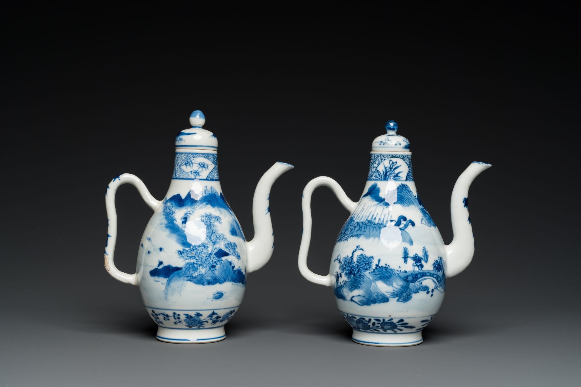 A pair of Chinese blue and white 'landscape' ewers and covers, possibly for the Vietnamese market, 1 - Image 4 of 7