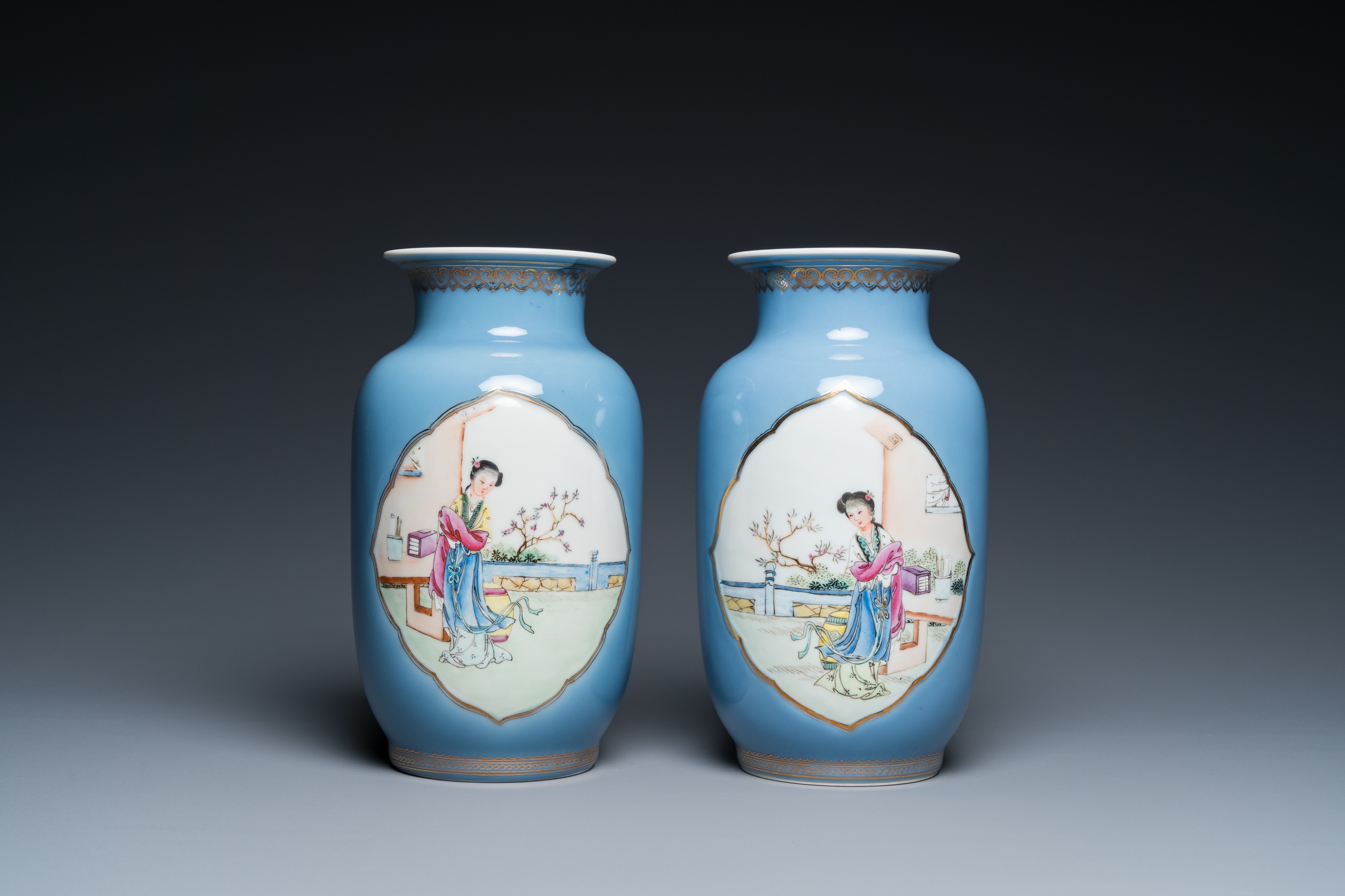 A pair of Chinese famille rose lavender blue-ground vases, Qianlong mark, Republic - Image 3 of 6