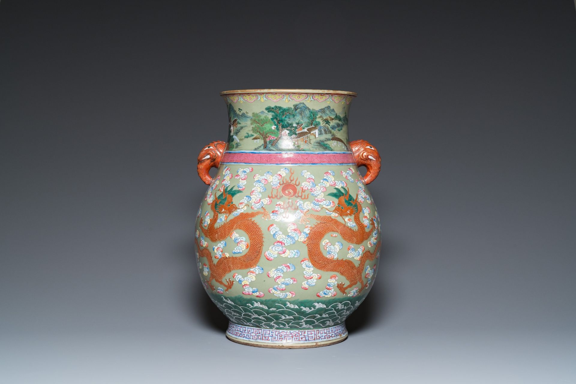 A large Chinese celadon-ground famille rose 'hu' vase with dragons, 19th C. - Image 3 of 6