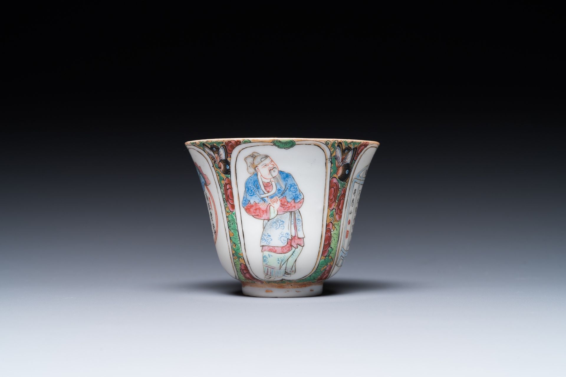 A Chinese Canton famille rose 'Wu Shuang Pu' cup and saucer and a tureen and cover, 19th C. - Image 4 of 10