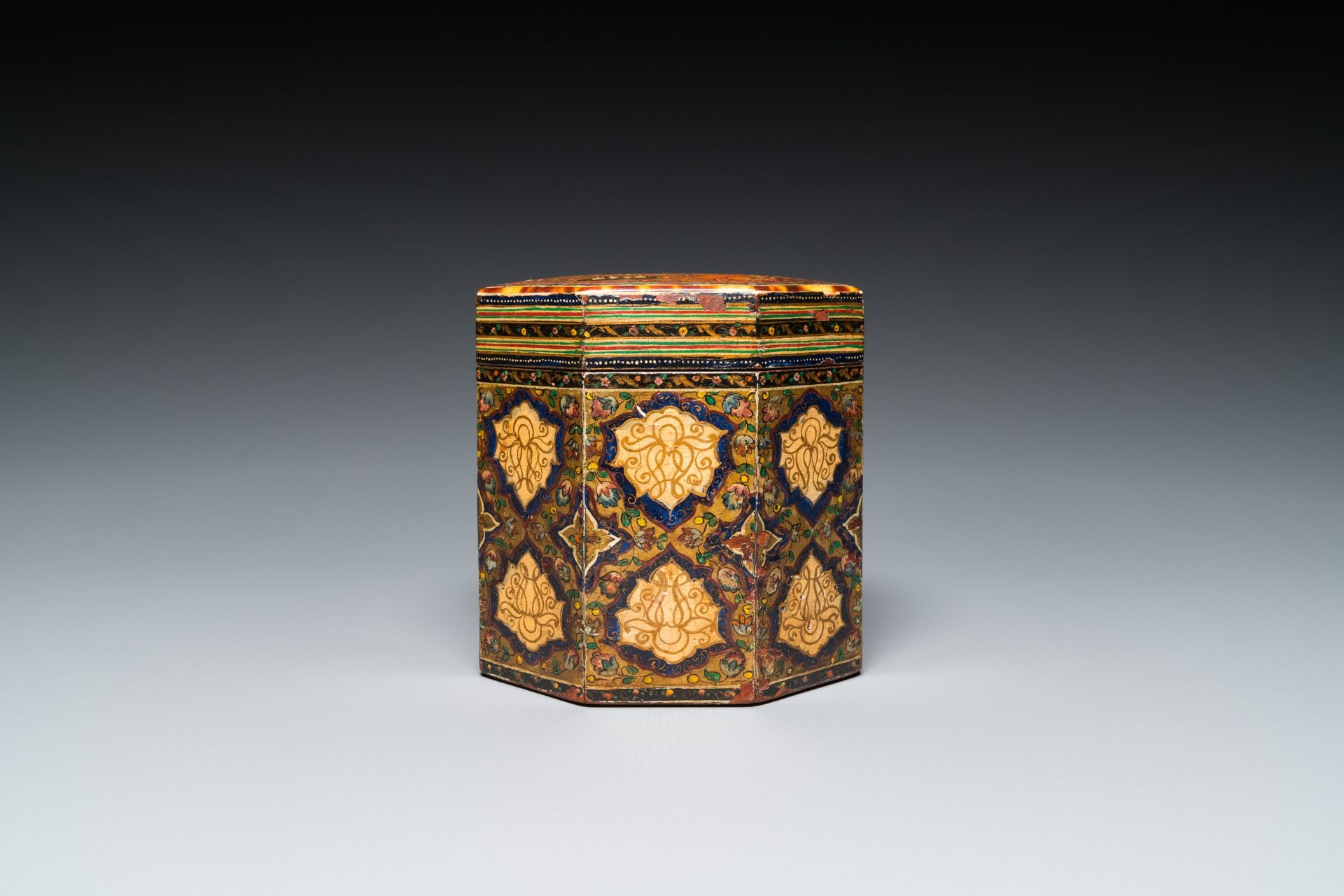 A painted and lacquered wooden Qur'an stand and a box and cover, Qajar, Persia, 19th C. - Image 11 of 16