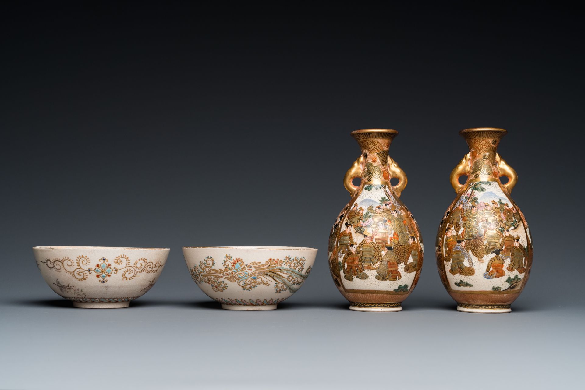 A pair of Japanese Satsuma bowls and a pair of vases, Meiji, 19th C. - Image 4 of 7