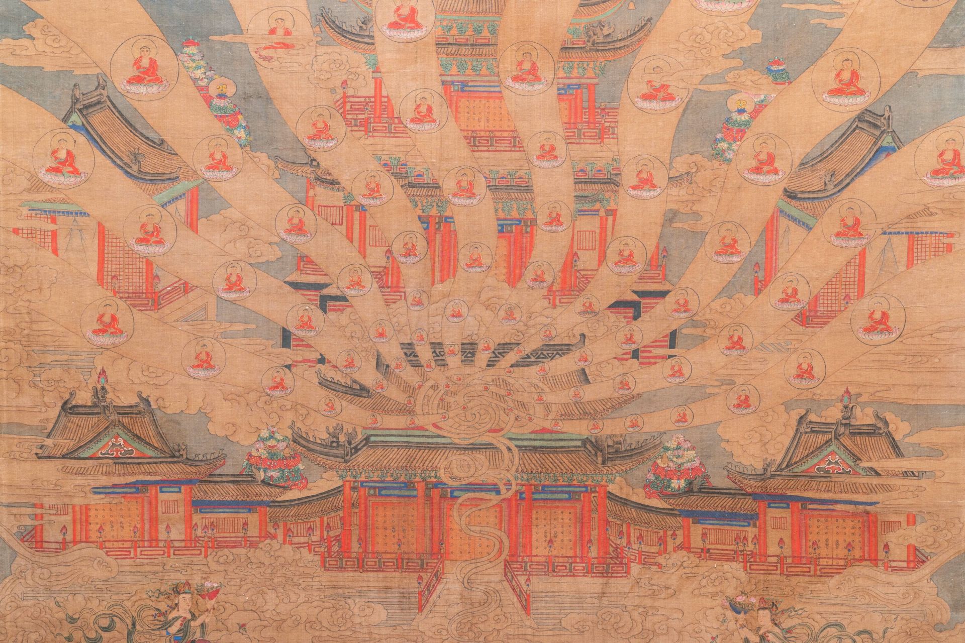 Chinese school: 'The 33-headed Avalokitesvara', ink and colour on silk, 19/20th C. - Image 8 of 72