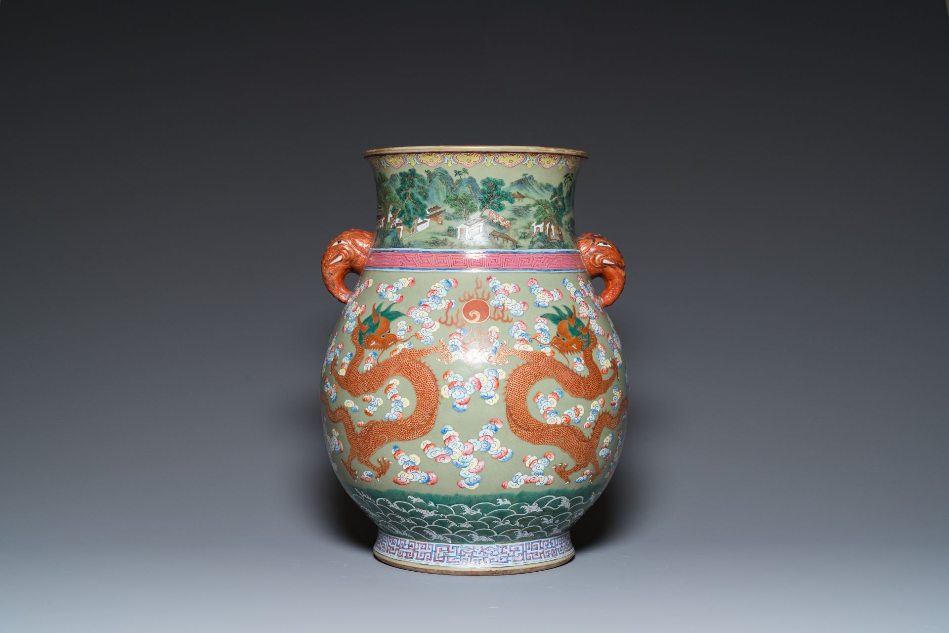 A large Chinese celadon-ground famille rose 'hu' vase with dragons, 19th C.