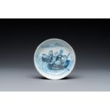 A rare Dutch Delft blue and white saucer dish with Normans in boats, 17th C.