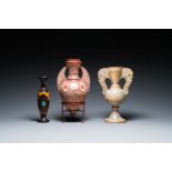 Two Hispano-Moresque lustre-glazed 'Alhambra' vases and a stone-inlaid wooden vase, Spain and Northe