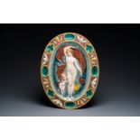 An oval Mintons majolica dish with a goddess with putto, England, year mark 1874