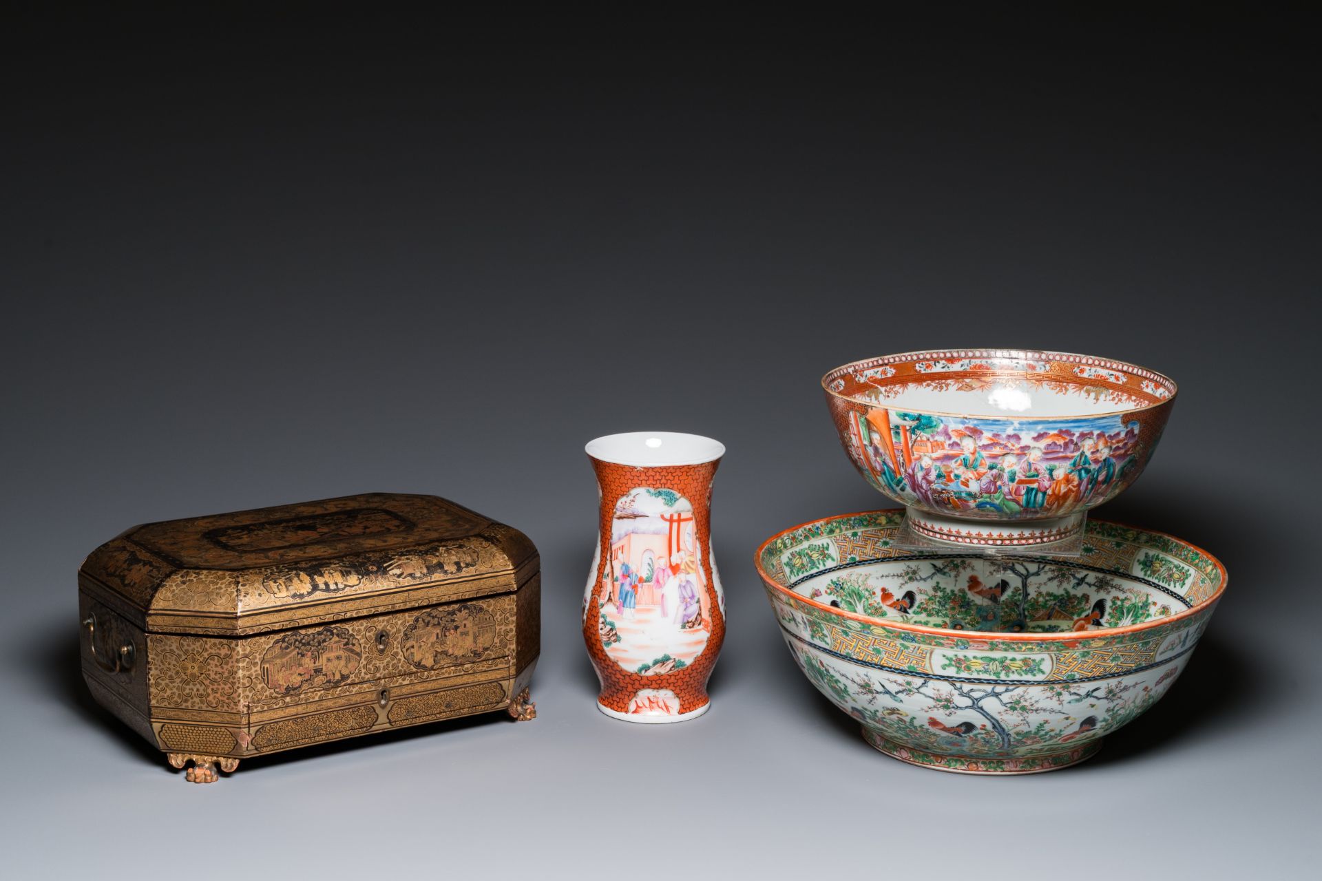 Two Chinese Canton famille rose bowls, a vase and a gilt-lacquered box, Qianlong and later