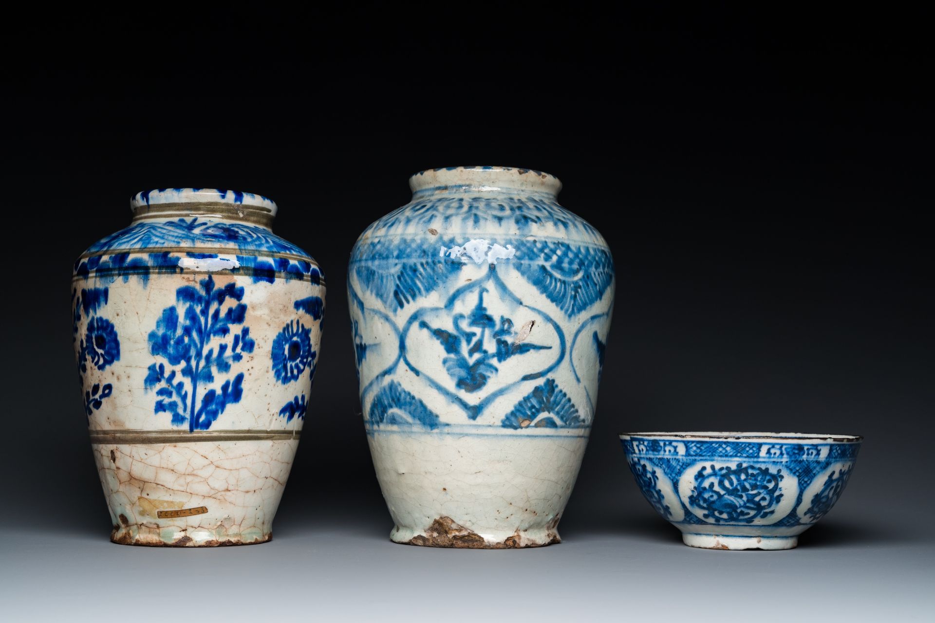 Two blue and white Islamic pottery storage jars and a bowl, Persia, 17/19th C. - Image 5 of 7