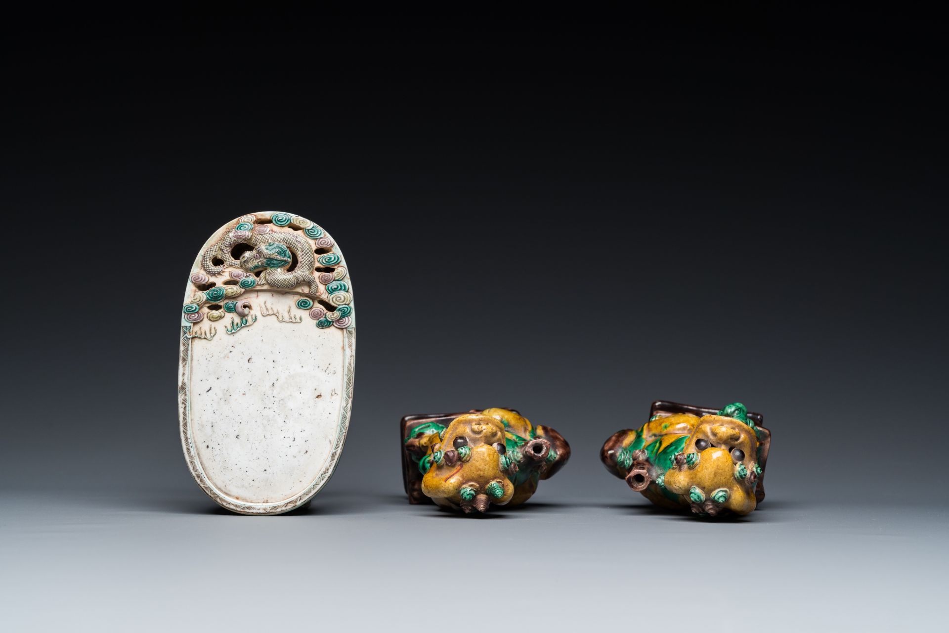 A pair of Chinese sancai incense stick holders and a verte biscuit inkstone, Kangxi or later - Image 6 of 7