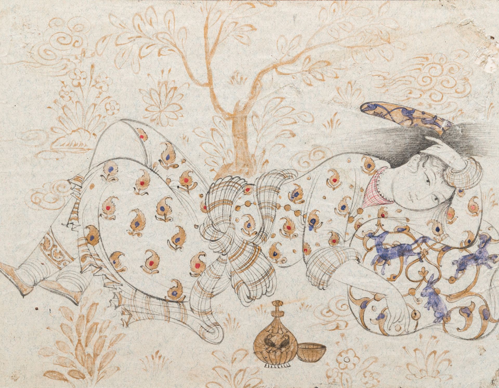 Persian school, miniature after Rizza Abassi: 'Lady at rest in a garden', 19th C.