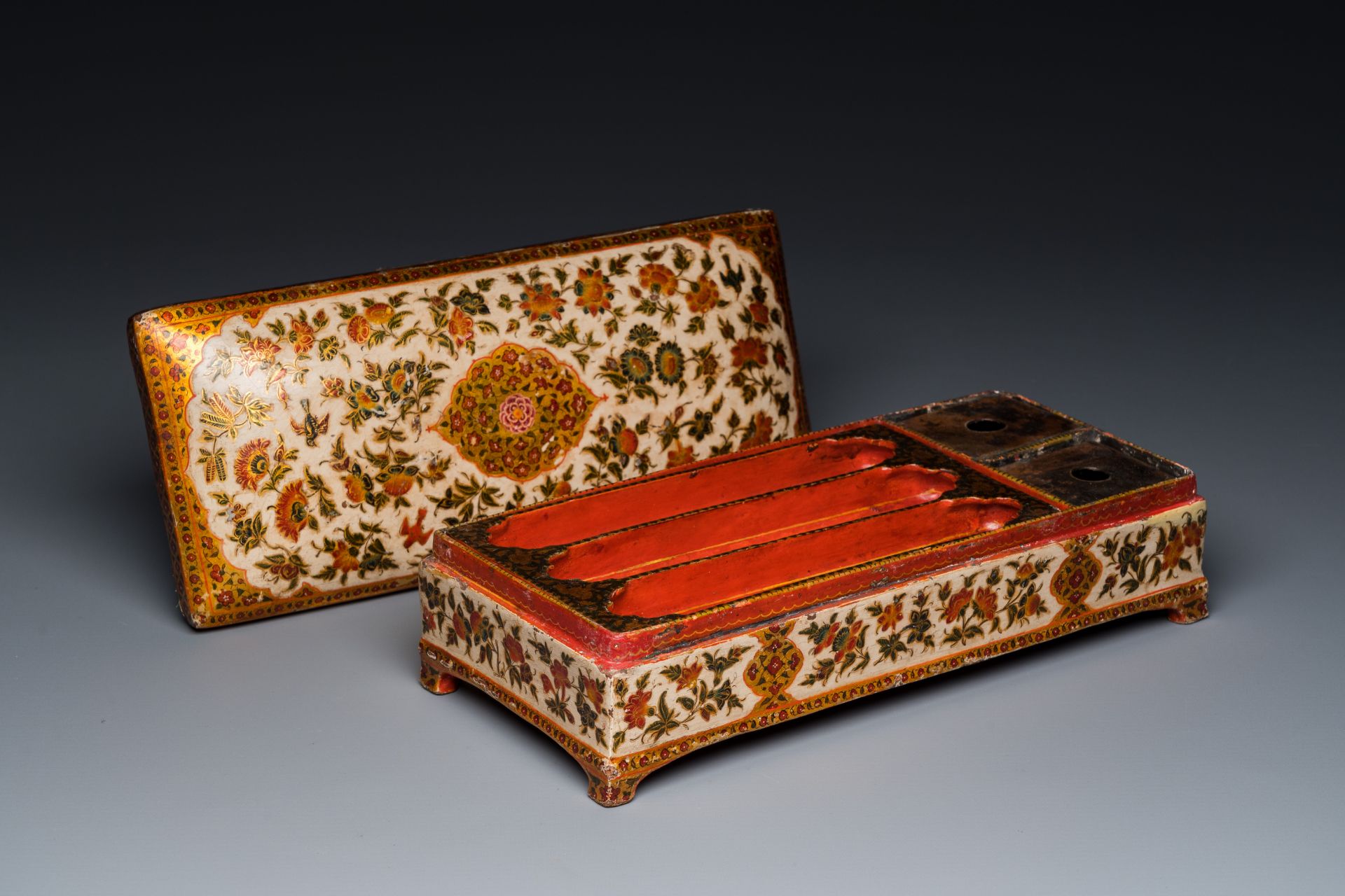 A rectangular lacquered wood writing box, Kashmir, India, 19th C.