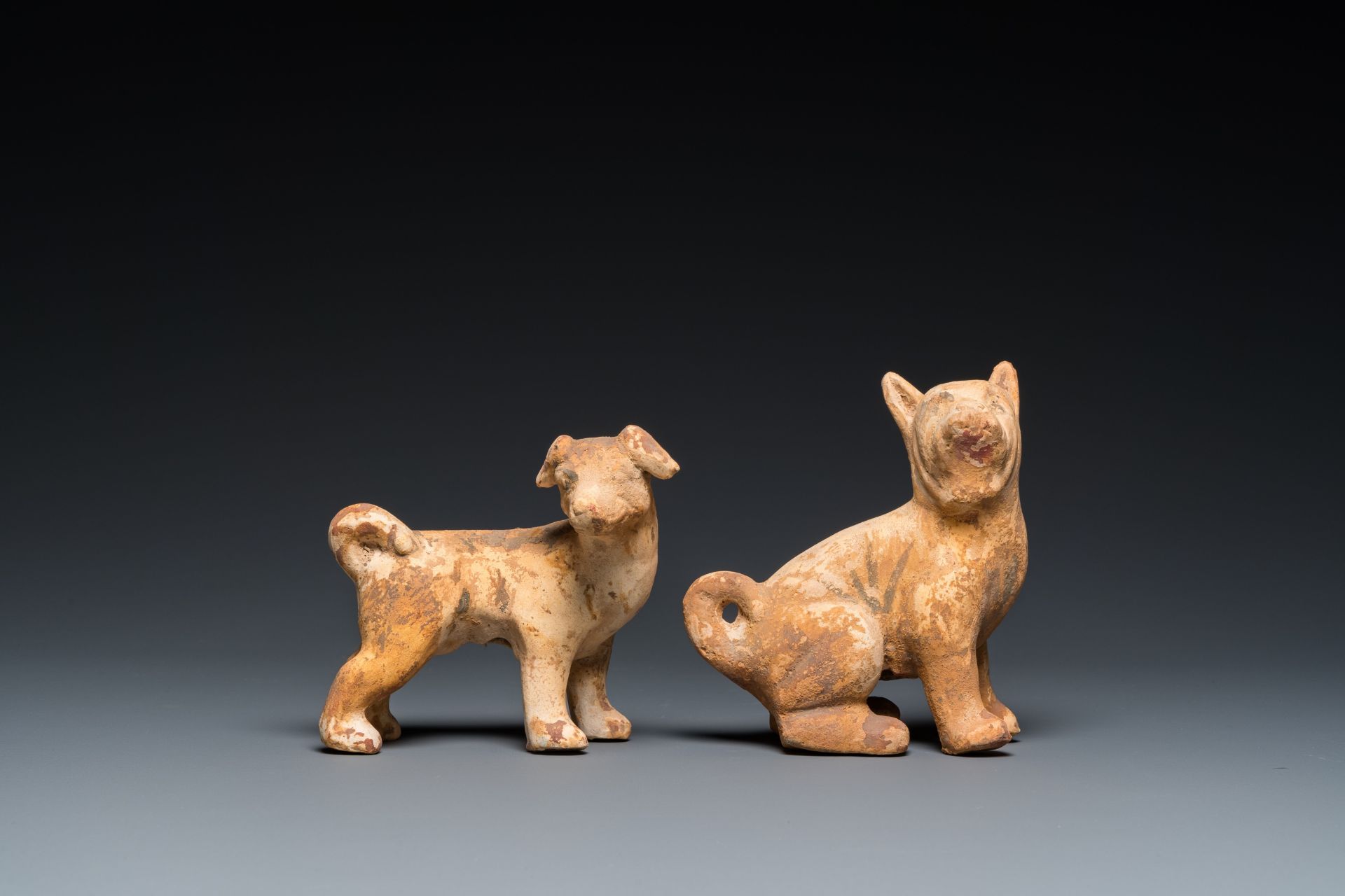 Two Chinese 'mingqi' painted pottery models of dogs, Han - Image 2 of 7