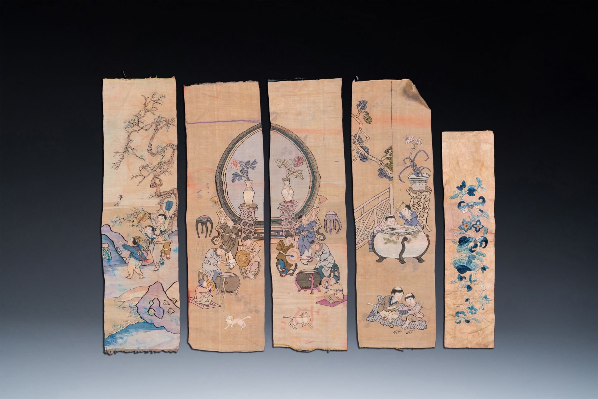 Five Chinese embroidered silk panels, 19th C. - Image 2 of 9
