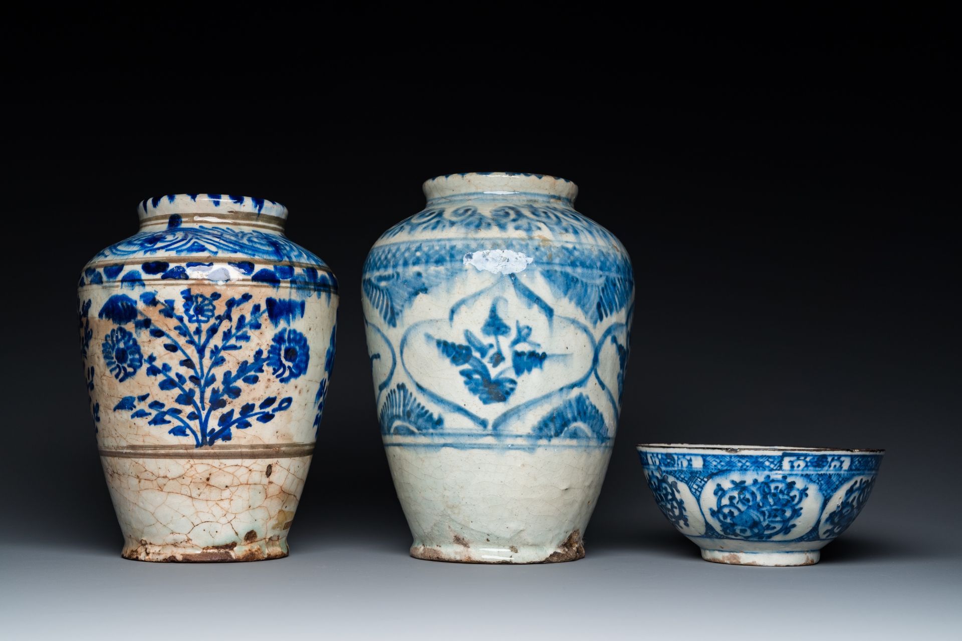 Two blue and white Islamic pottery storage jars and a bowl, Persia, 17/19th C. - Image 4 of 7