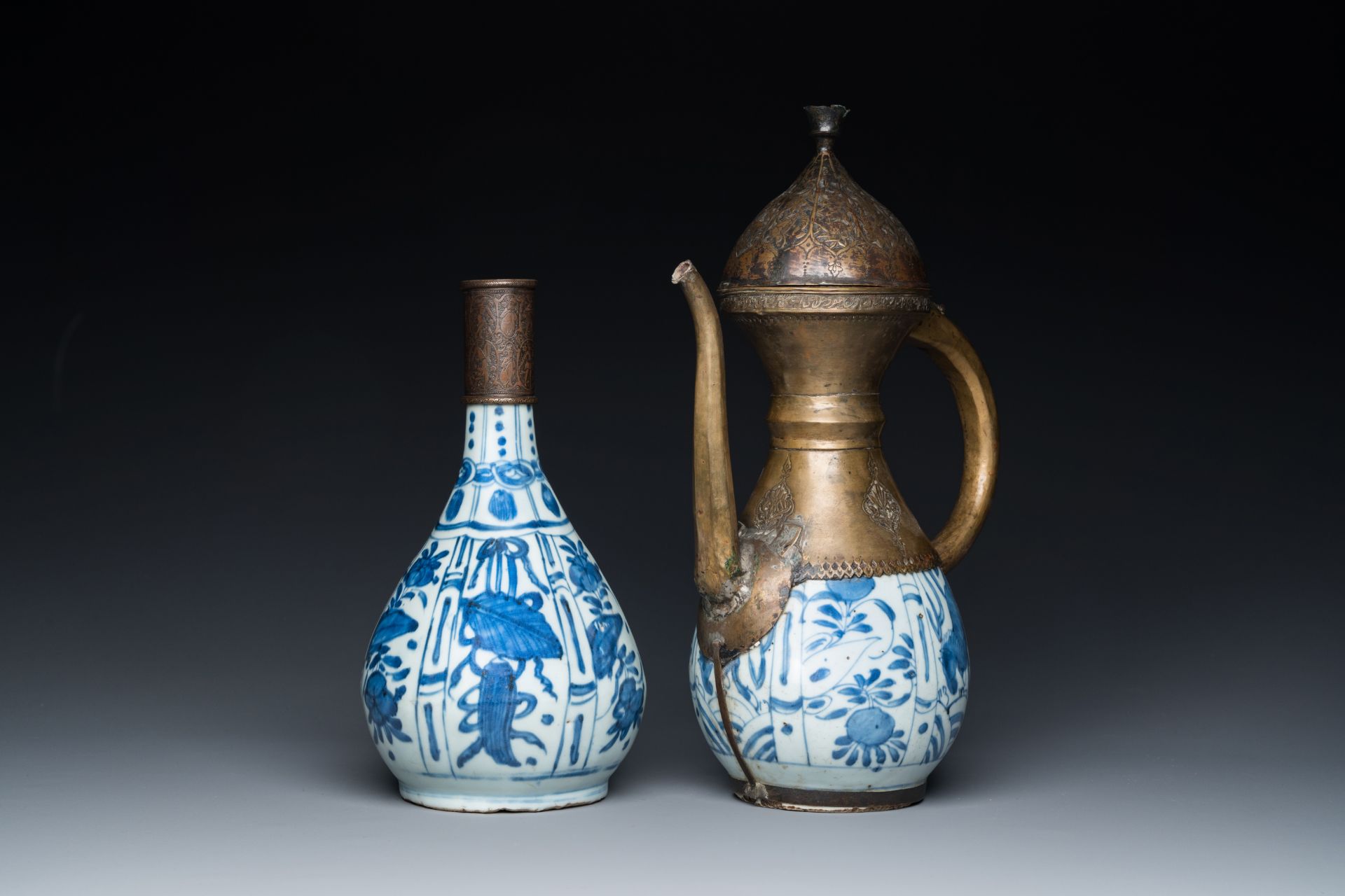 Two Chinese blue and white vases with bronze mounts for the Islamic market, Wanli