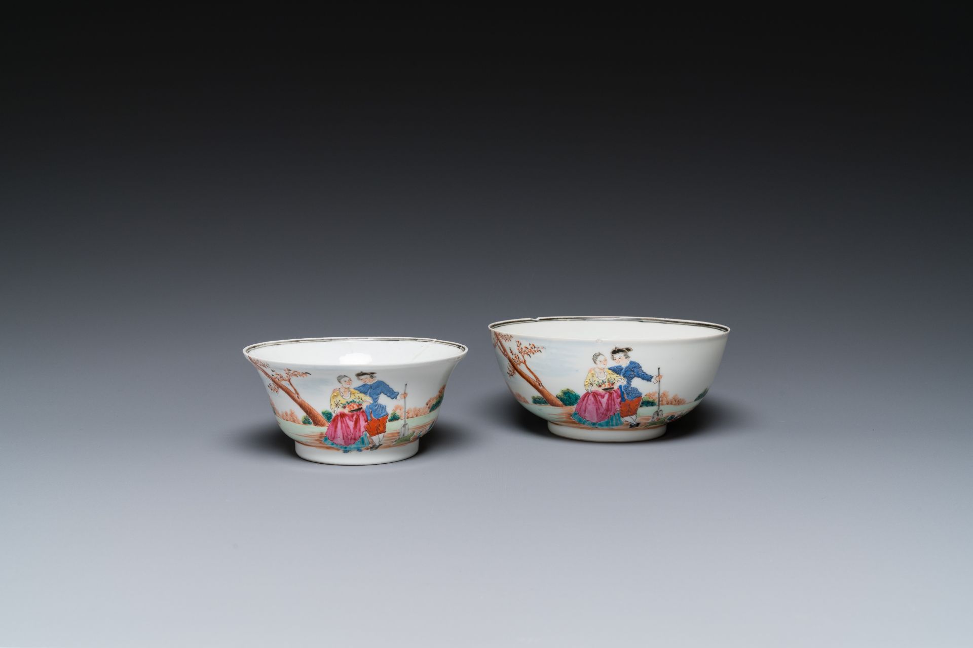 Two fine Chinese famille rose 'European subject' bowls, Qianlong