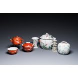 Four Chinese famille rose wares and three with coral-red-ground, 19/20th C.