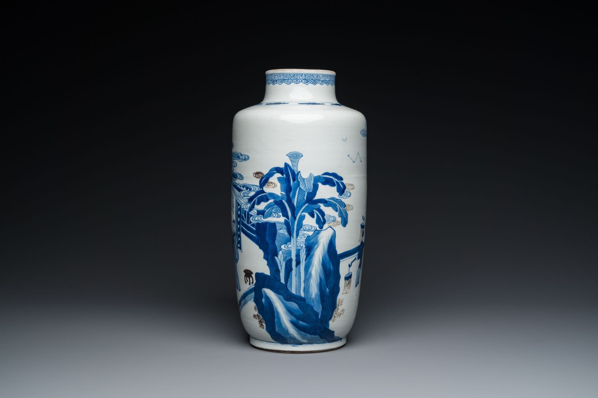 A Chinese blue, white and copper-red 'narrative subject' rouleau vase, Kangxi - Image 4 of 7