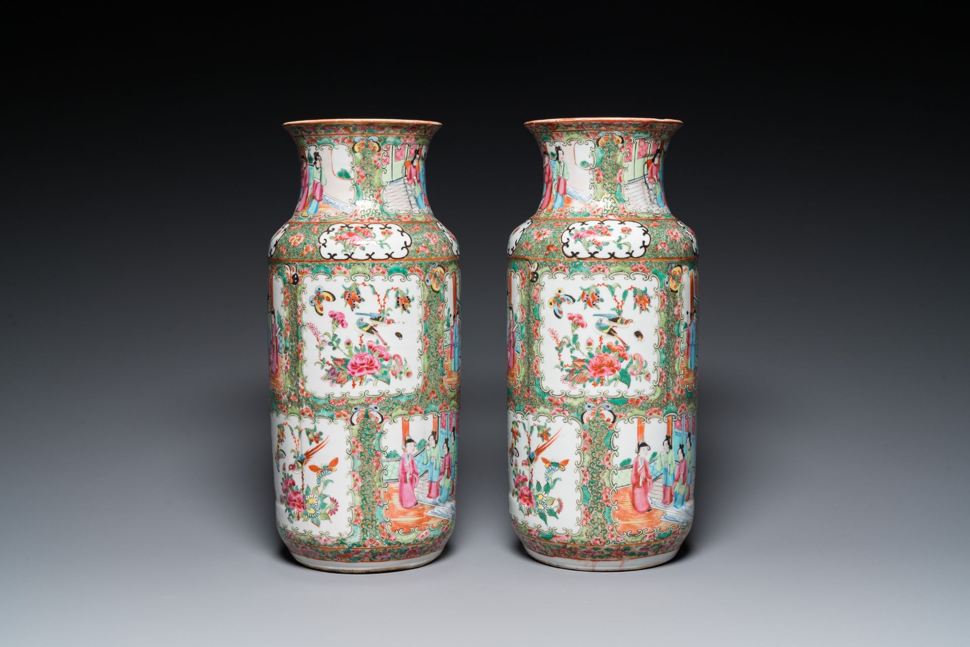 A pair of Chinese Canton famille rose vases and a pair of blue and white covered jars, 19th C. - Image 5 of 13