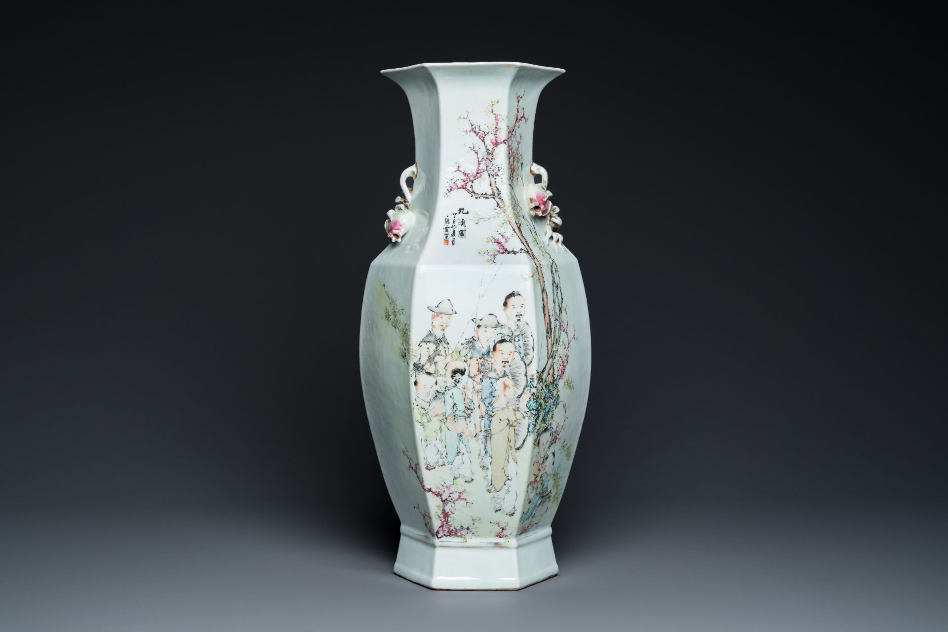 A fine Chinese hexagonal qianjiang cai vase, signed Ma Qingyun é¦¬æ…¶é›², dated 1917