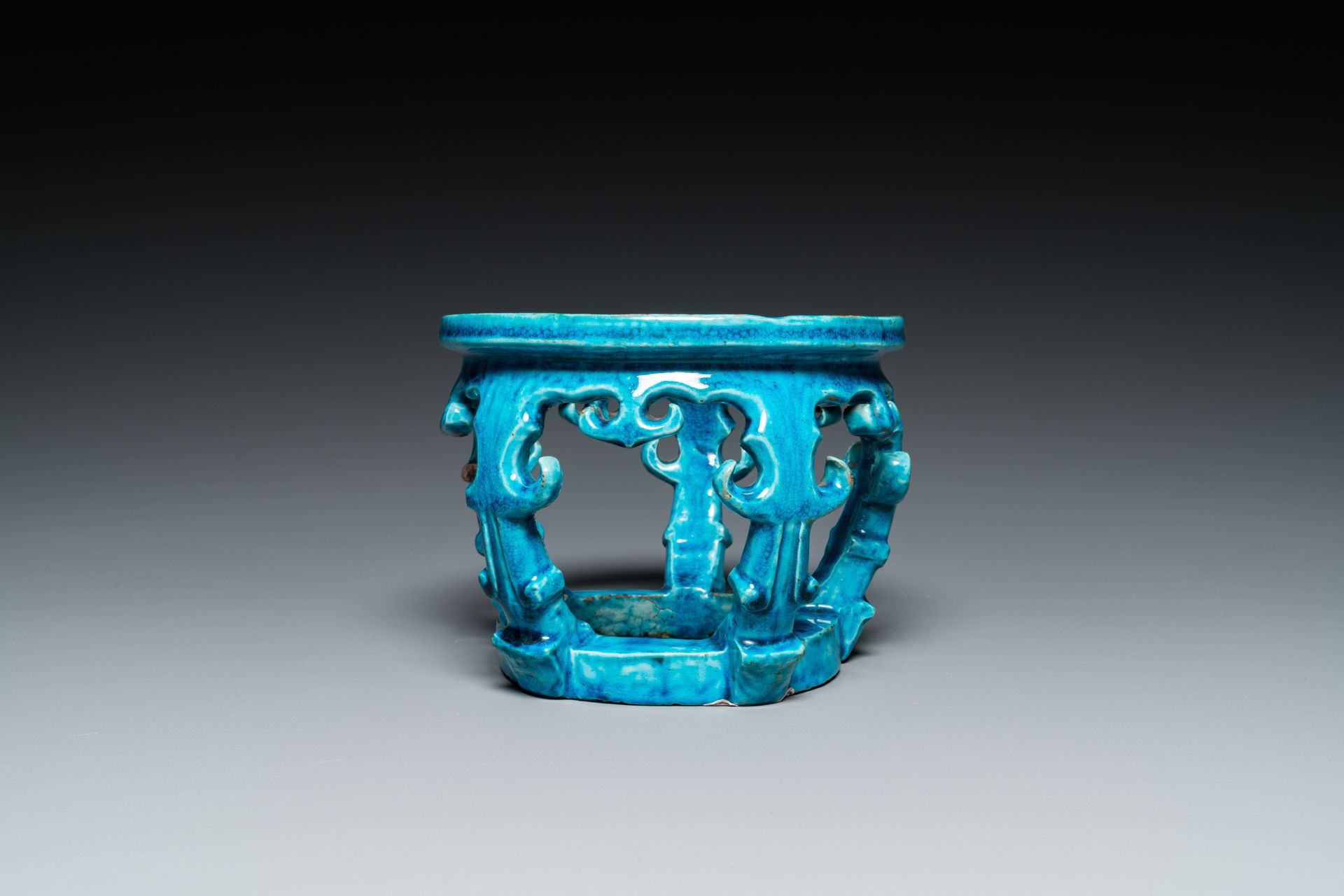 A Chinese monochrome turquoise-glazed reticulated ornament for use in a fish bowl, Kangxi - Image 3 of 7