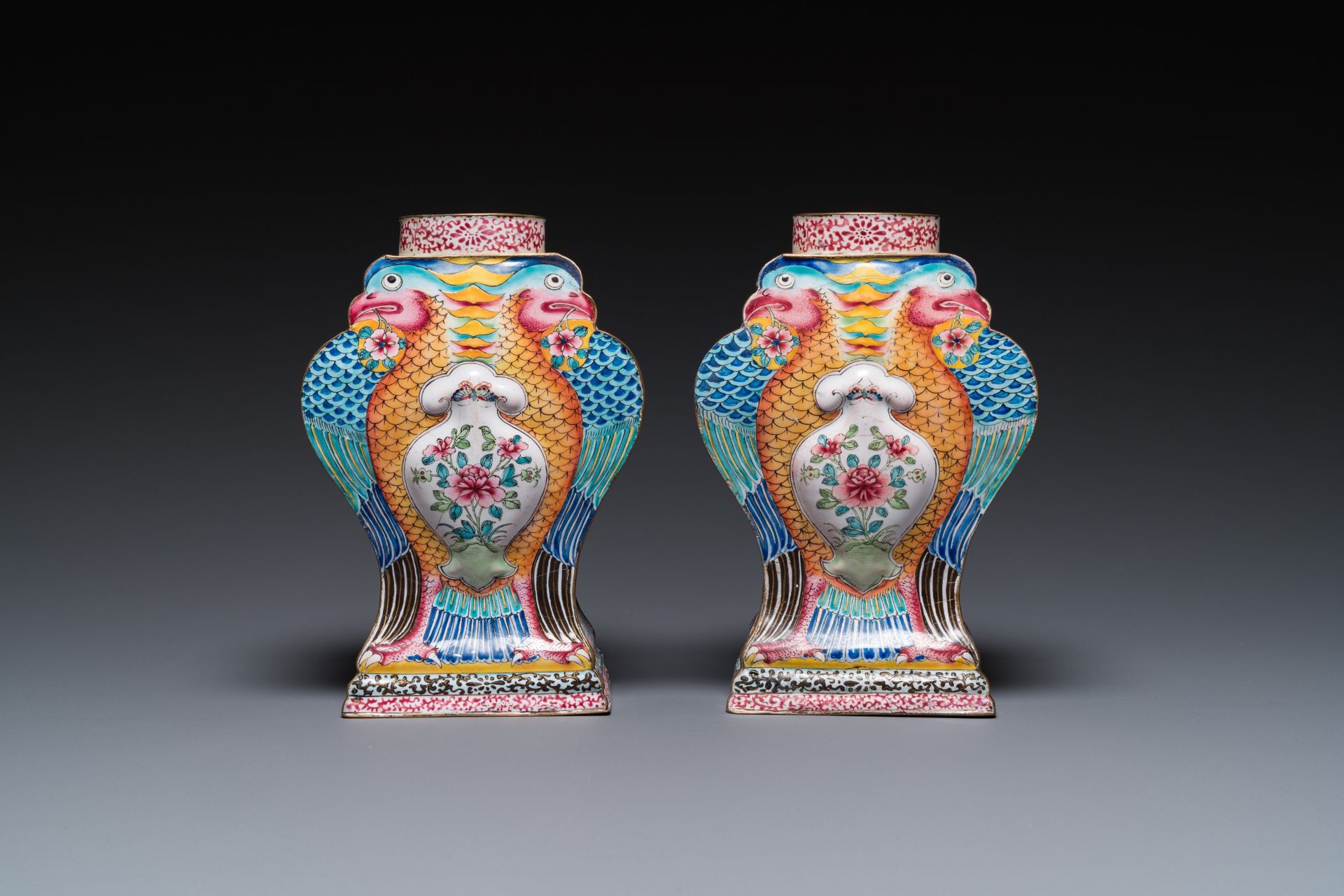 A pair of rare Chinese Canton enamel 'double eagle' vases, Yongzheng - Image 4 of 7