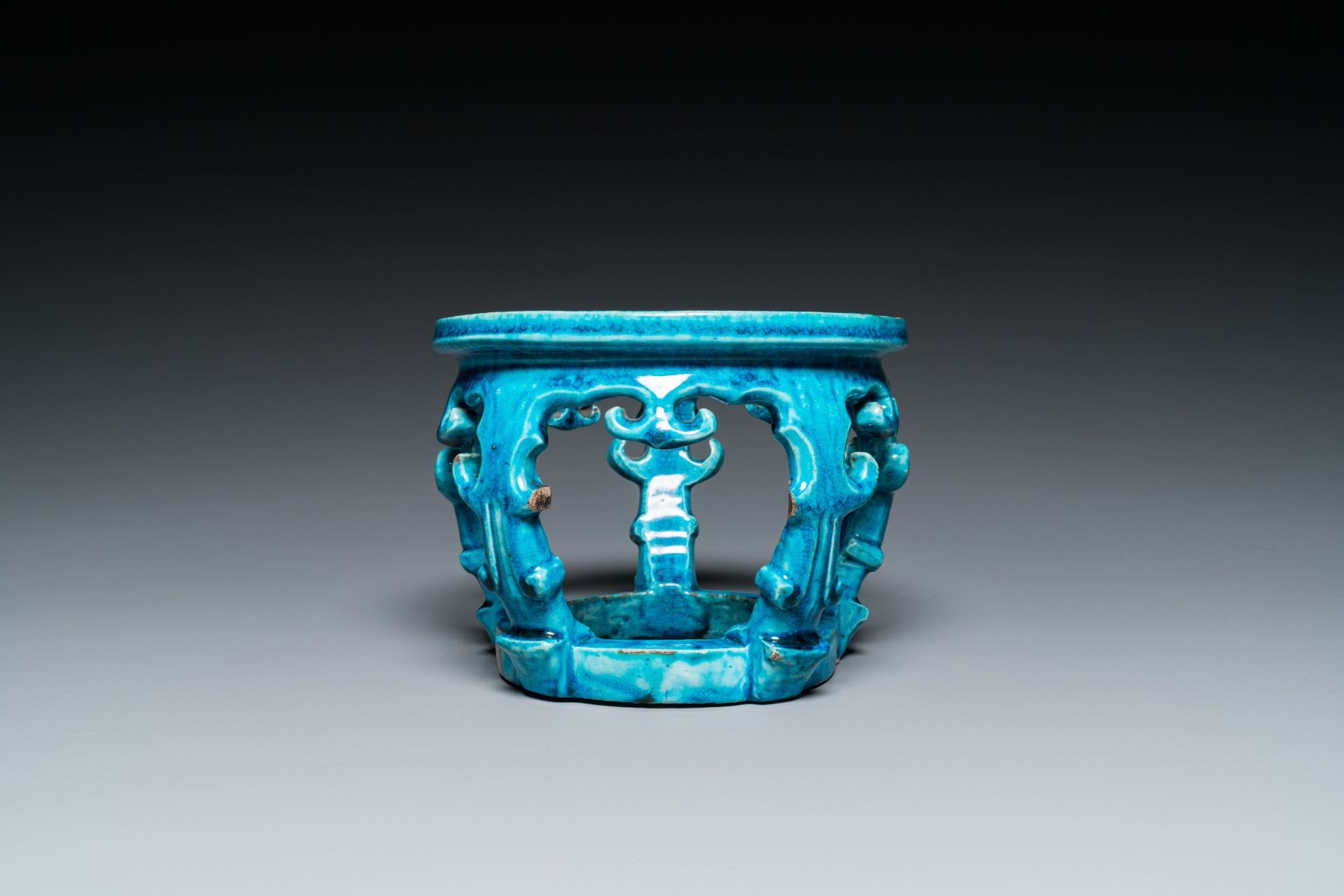 A Chinese monochrome turquoise-glazed reticulated ornament for use in a fish bowl, Kangxi - Image 4 of 7