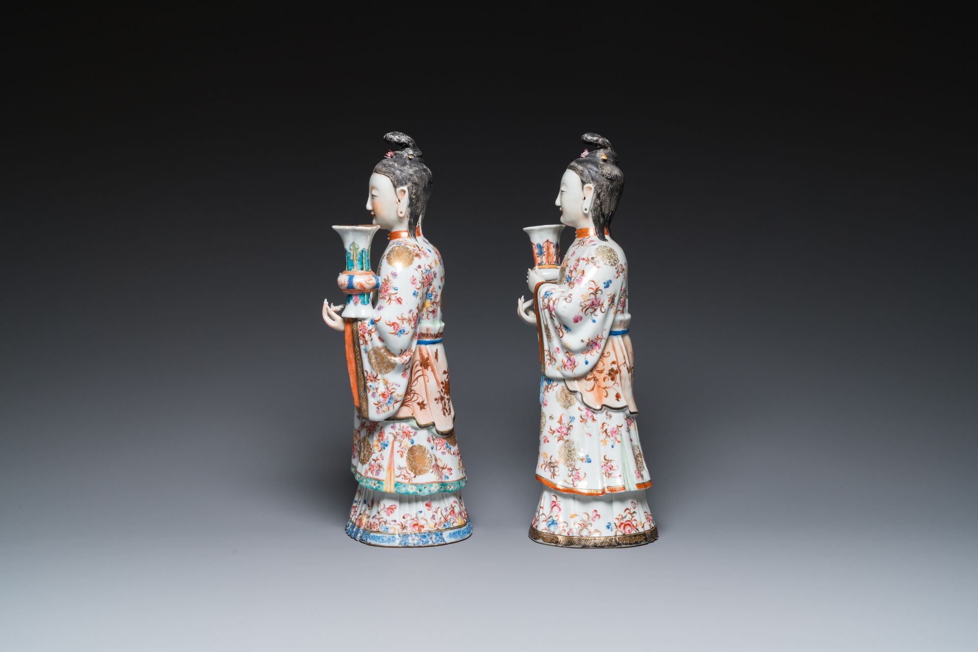 A pair of large Chinese famille rose candle holders in the shape of Mandarin court ladies, Qianlong - Image 5 of 7