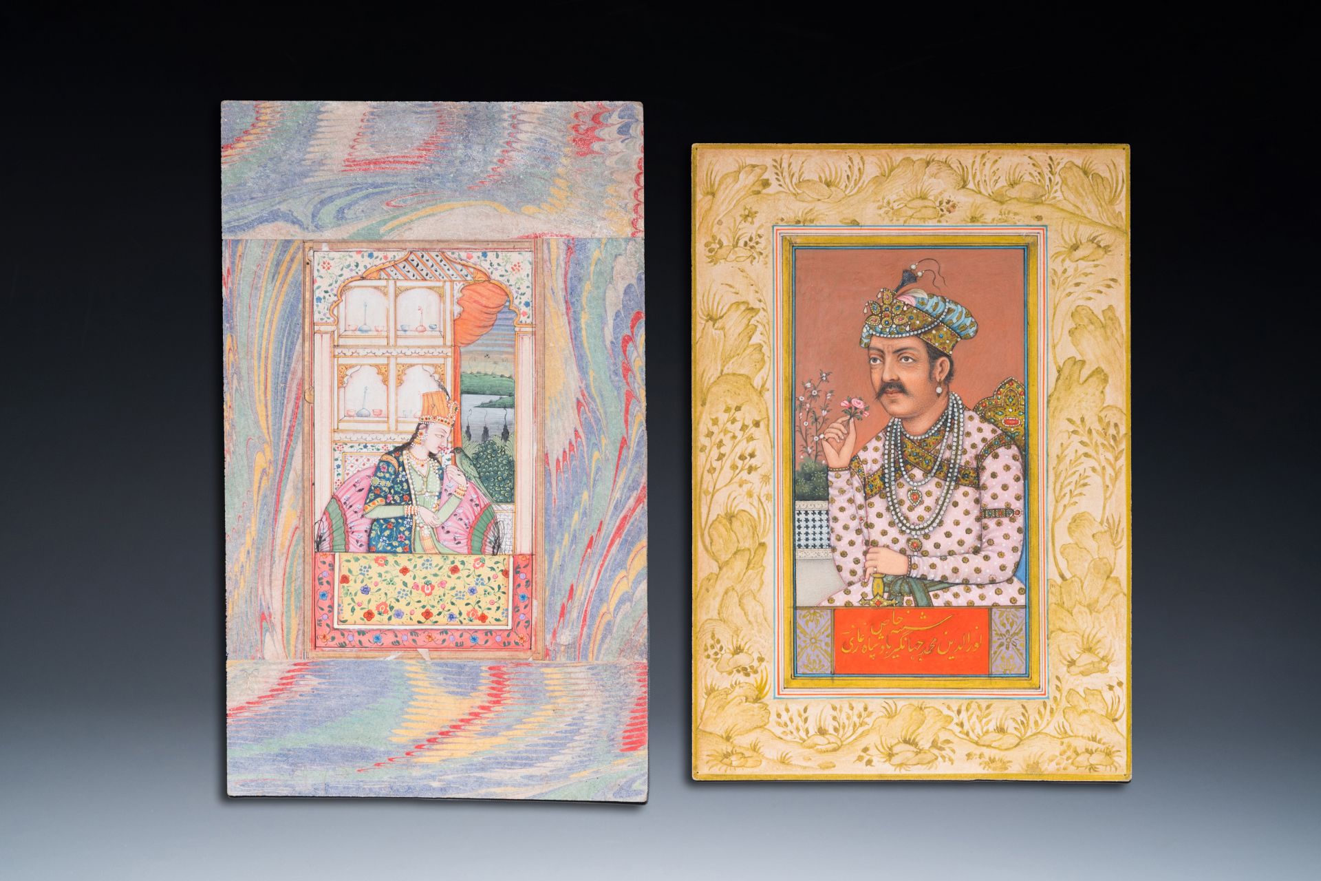 Two Indian school miniatures: 'Portrait of Akbar the Great, the third Mughal emperor' and 'Portrait