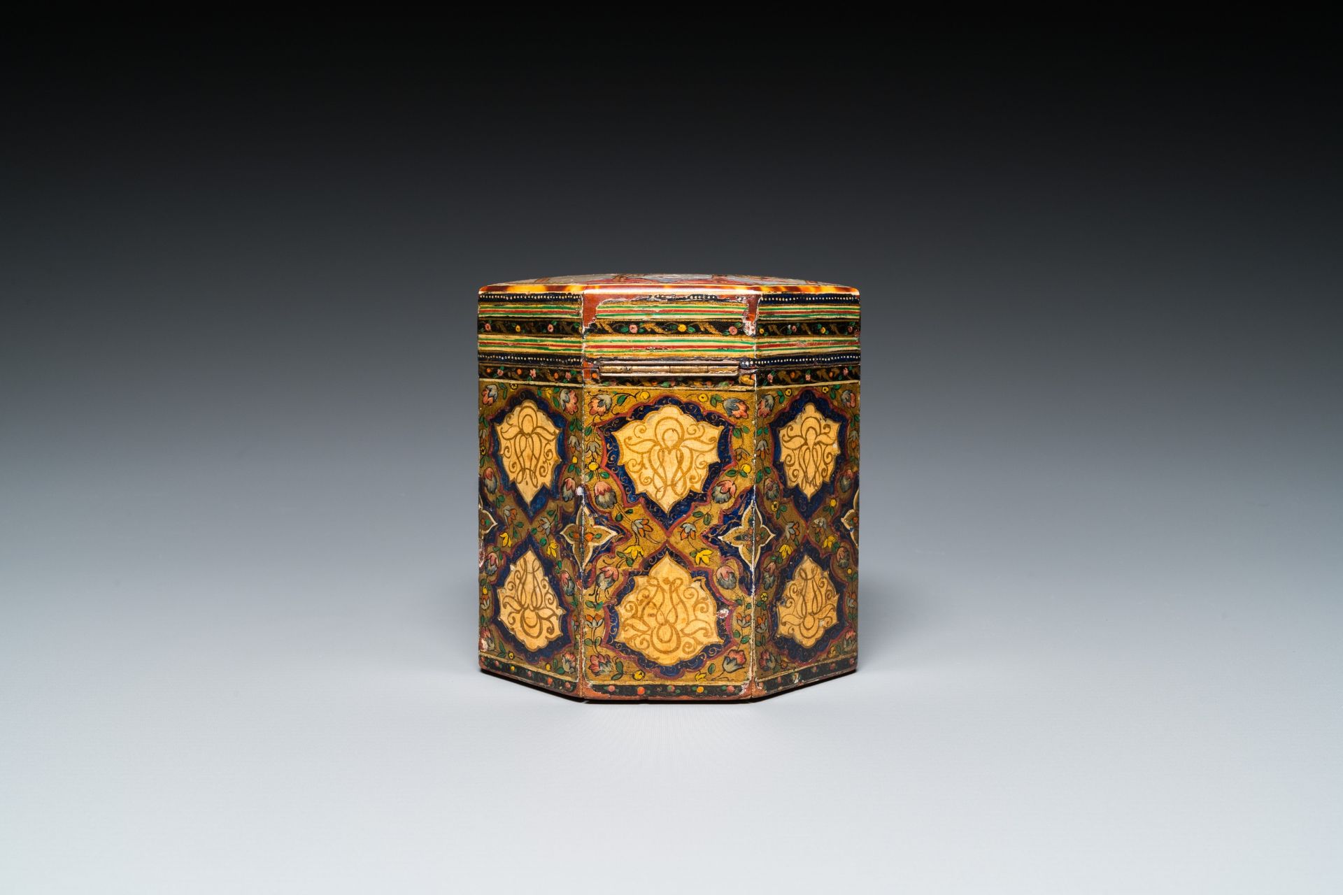 A painted and lacquered wooden Qur'an stand and a box and cover, Qajar, Persia, 19th C. - Image 13 of 16