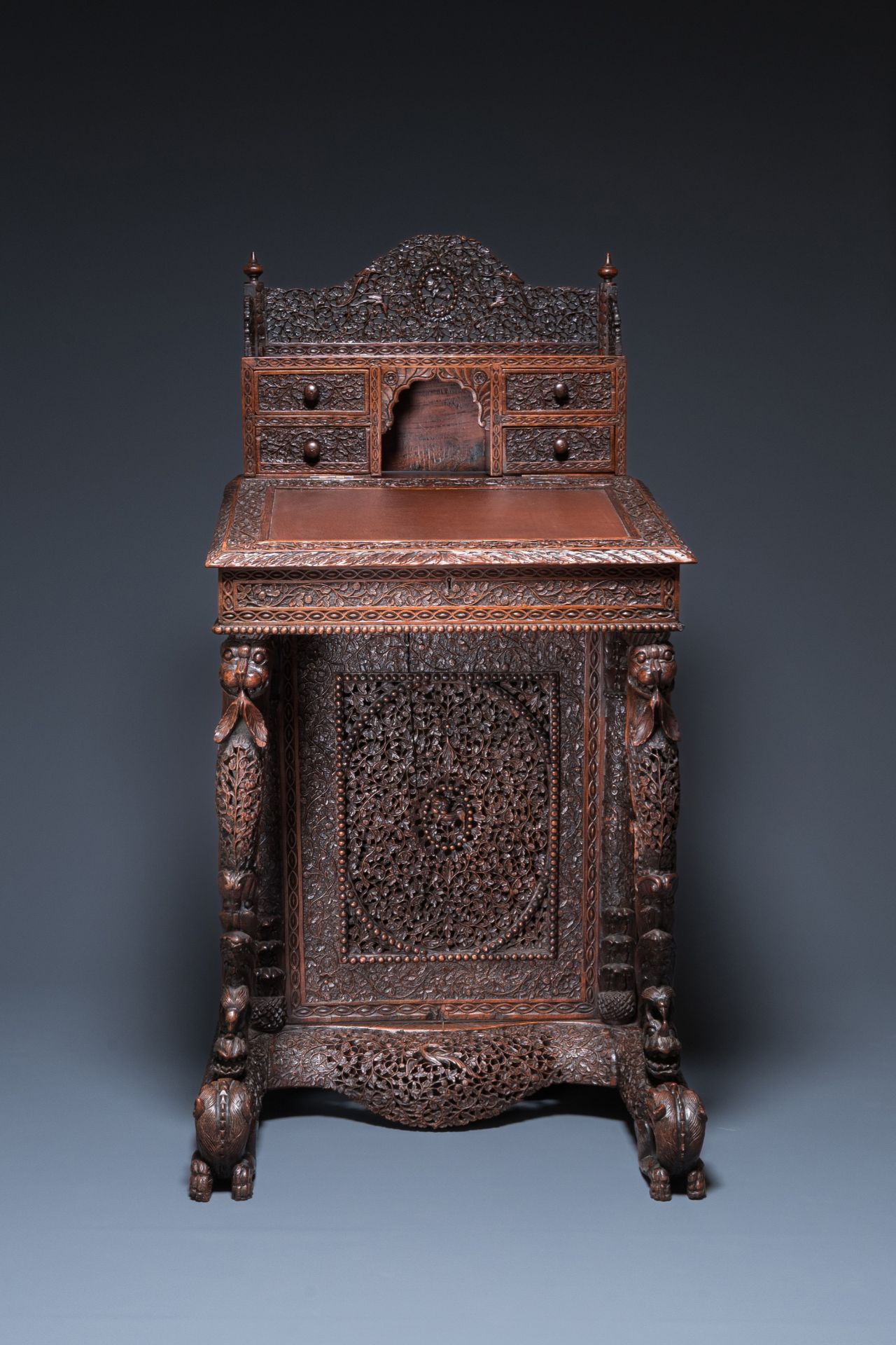 A colonial Anglo-Indian reticulated wooden desk with hidden compartment, 19th C. - Image 2 of 24