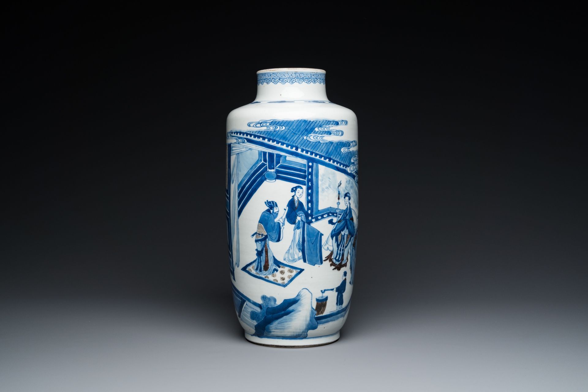 A Chinese blue, white and copper-red 'narrative subject' rouleau vase, Kangxi - Image 2 of 7