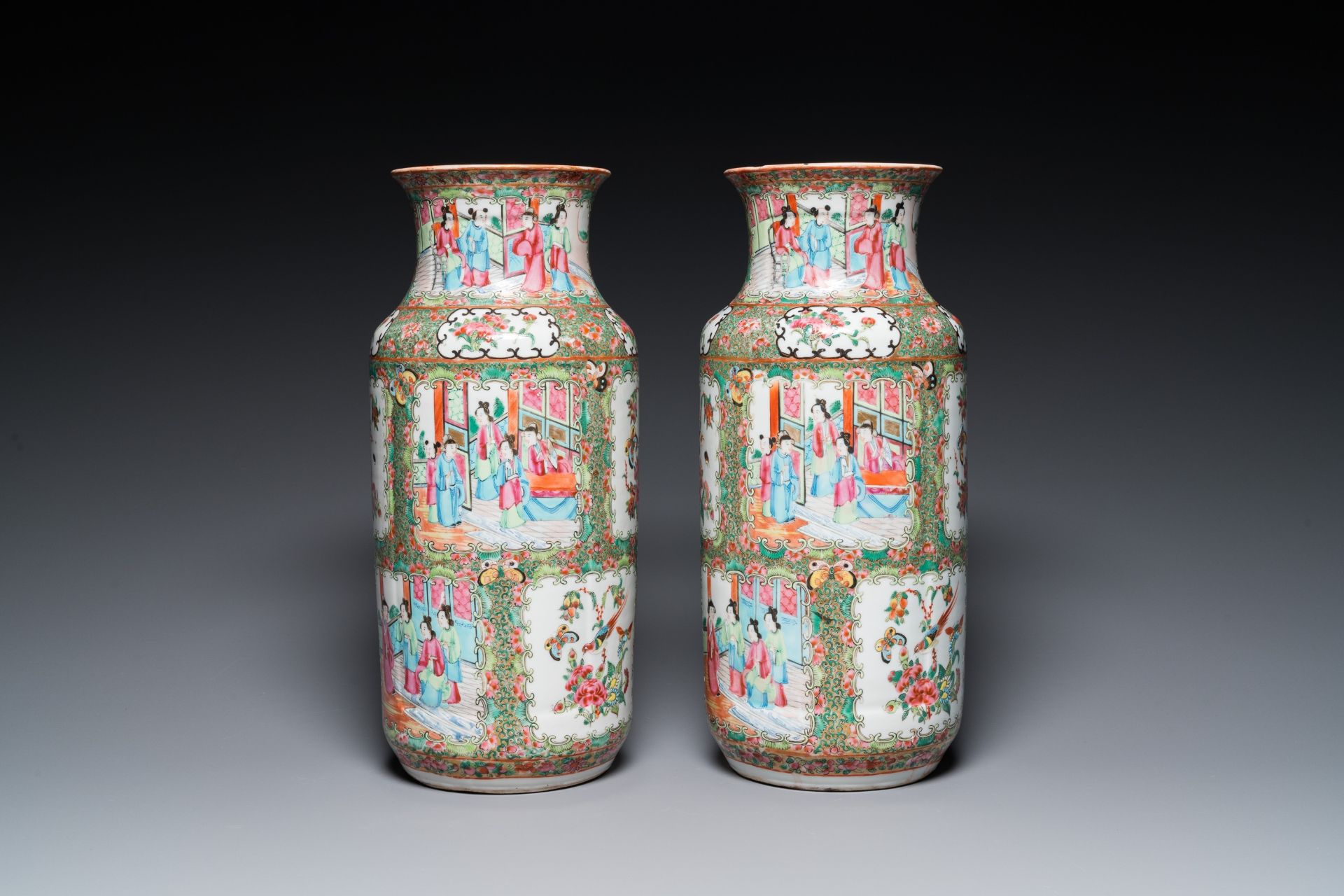 A pair of Chinese Canton famille rose vases and a pair of blue and white covered jars, 19th C. - Image 4 of 13