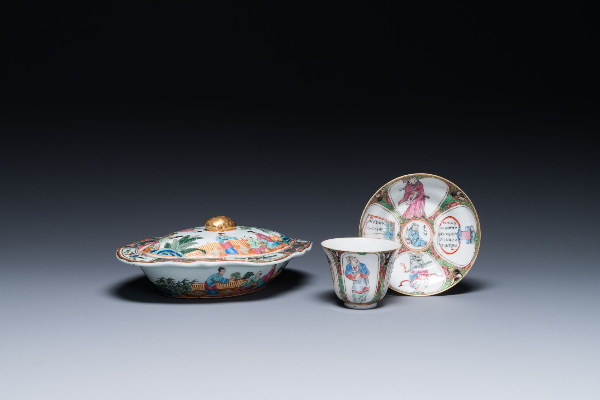 A Chinese Canton famille rose 'Wu Shuang Pu' cup and saucer and a tureen and cover, 19th C.