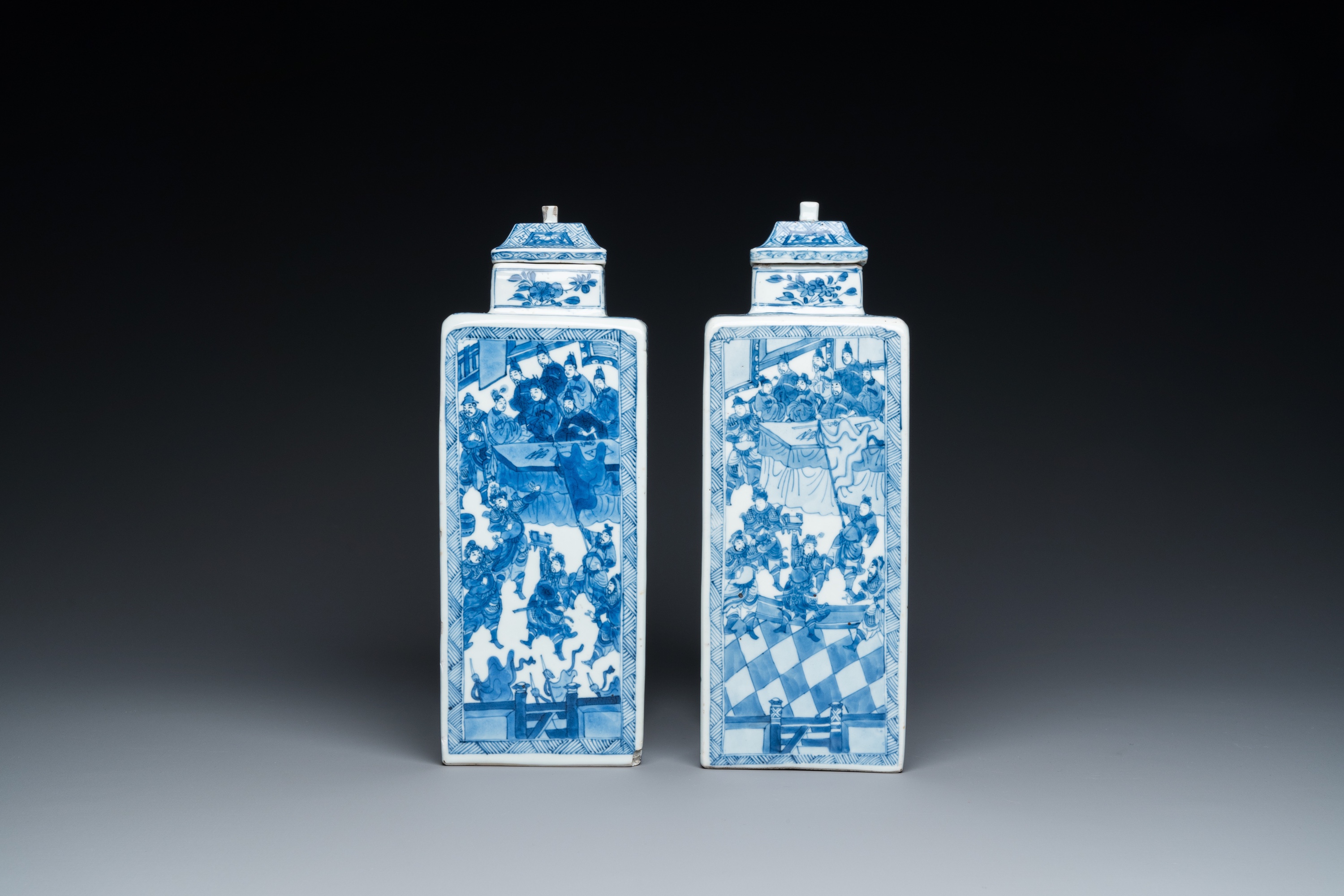 A pair of Chinese blue and white square 'narrative subject' vases and covers, Kangxi - Image 5 of 8