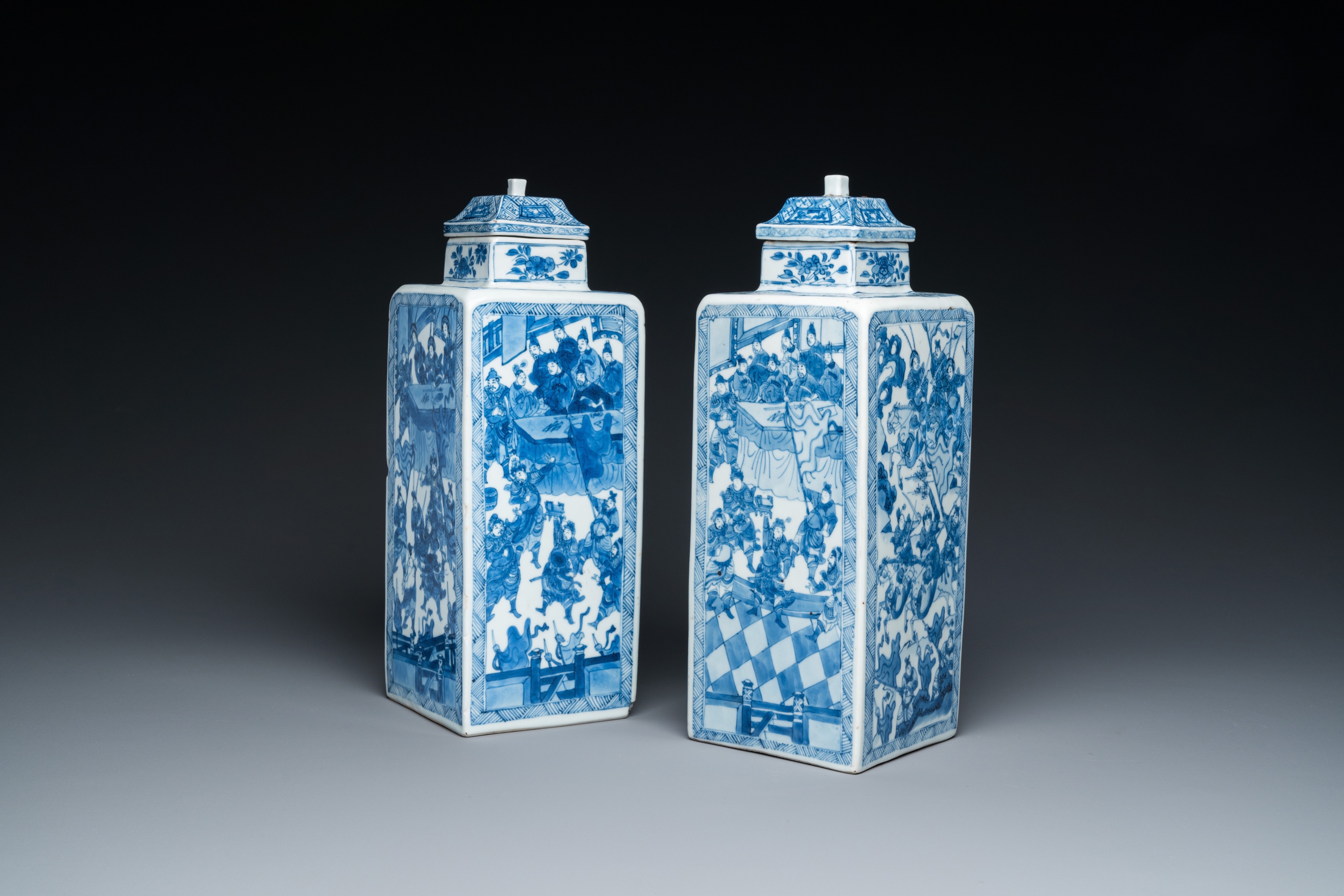 A pair of Chinese blue and white square 'narrative subject' vases and covers, Kangxi - Image 2 of 8