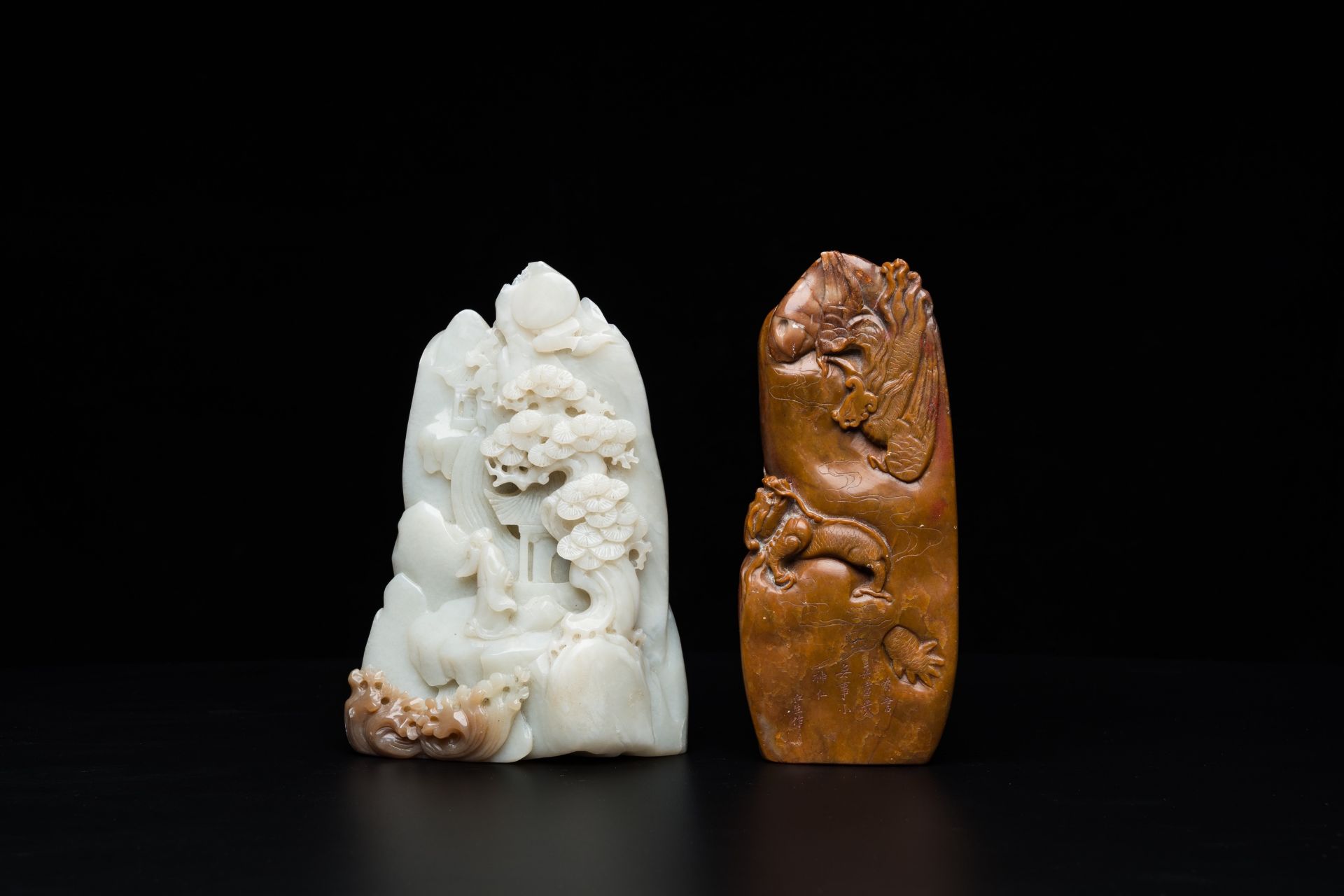 A Chinese brown jade inscribed seal stamp and a white jade 'mountainous landscape' carving, 19/20th - Image 3 of 10