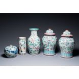 Three Chinese famille rose vases, a hat stand and a blue and white celadon-ground jar and cover, 19t