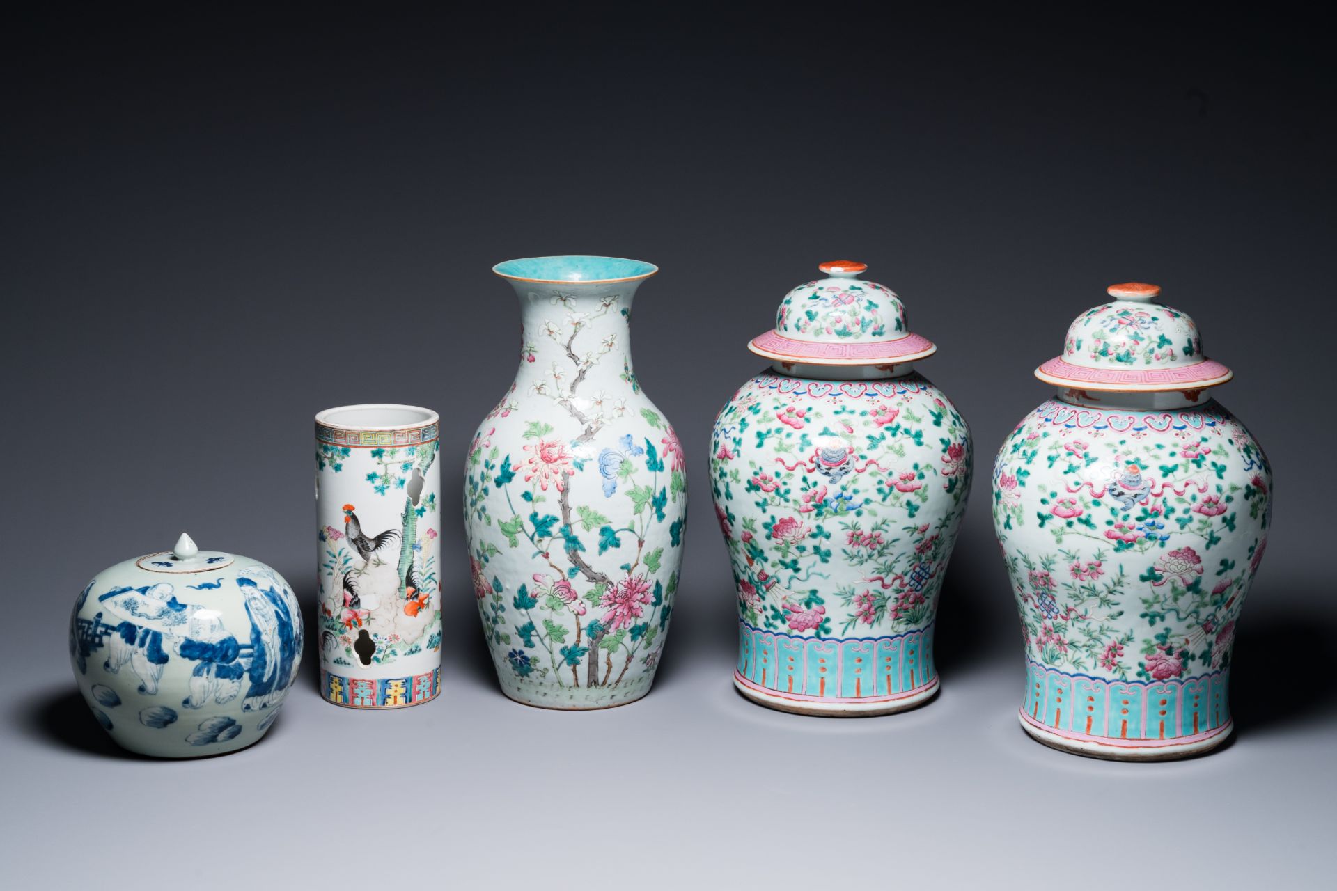 Three Chinese famille rose vases, a hat stand and a blue and white celadon-ground jar and cover, 19t