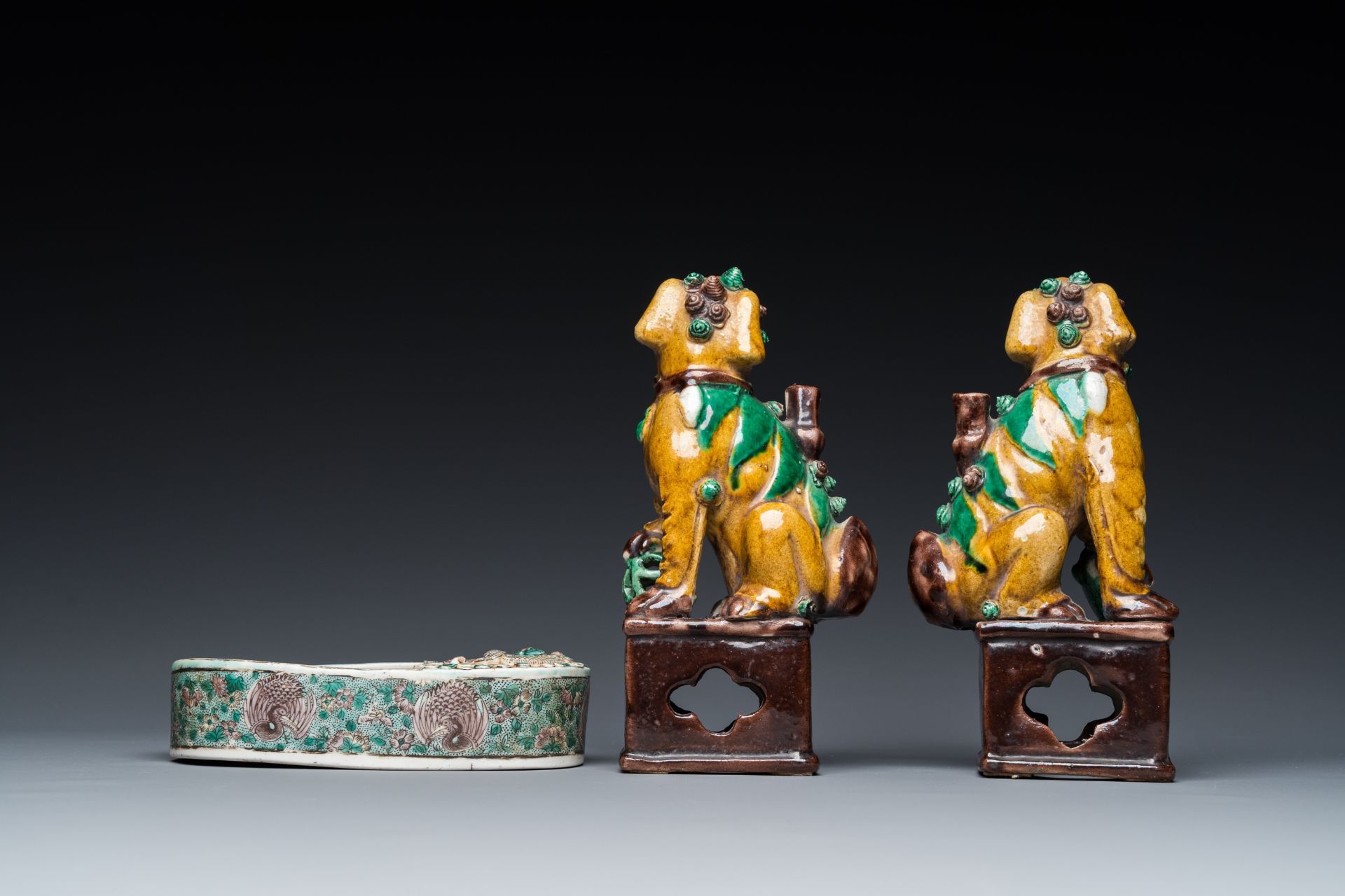 A pair of Chinese sancai incense stick holders and a verte biscuit inkstone, Kangxi or later - Image 3 of 7