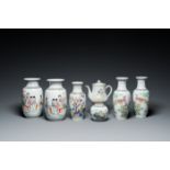 Six Chinese famille rose vases and a covered teapot, 20th C.