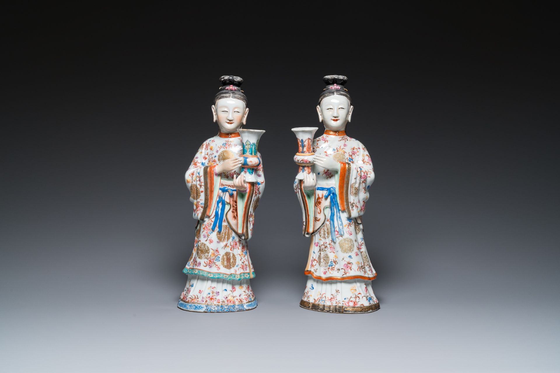 A pair of large Chinese famille rose candle holders in the shape of Mandarin court ladies, Qianlong - Image 2 of 7