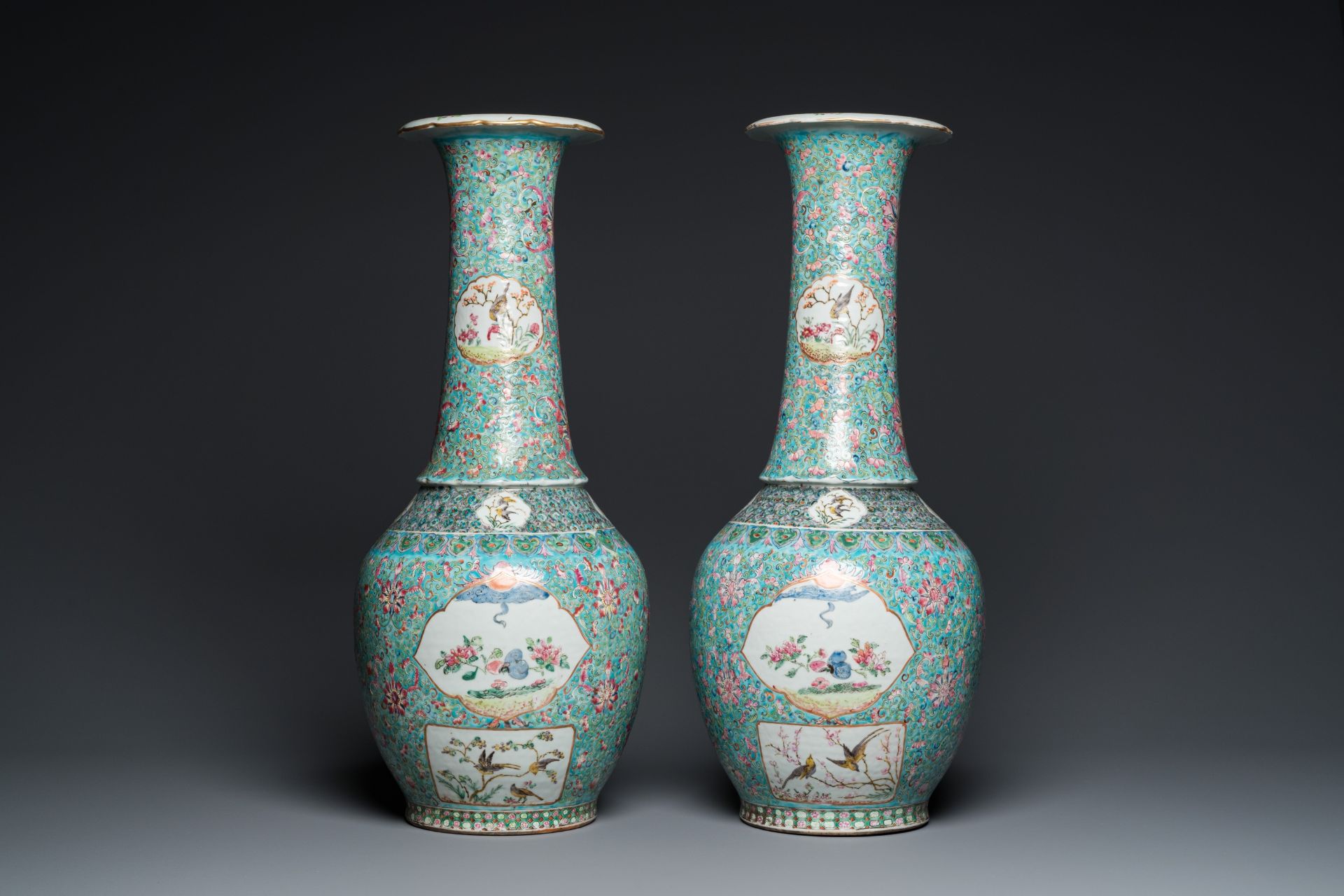 A pair of Chinese turquoise-ground famille rose vases, 19th C. - Image 3 of 6