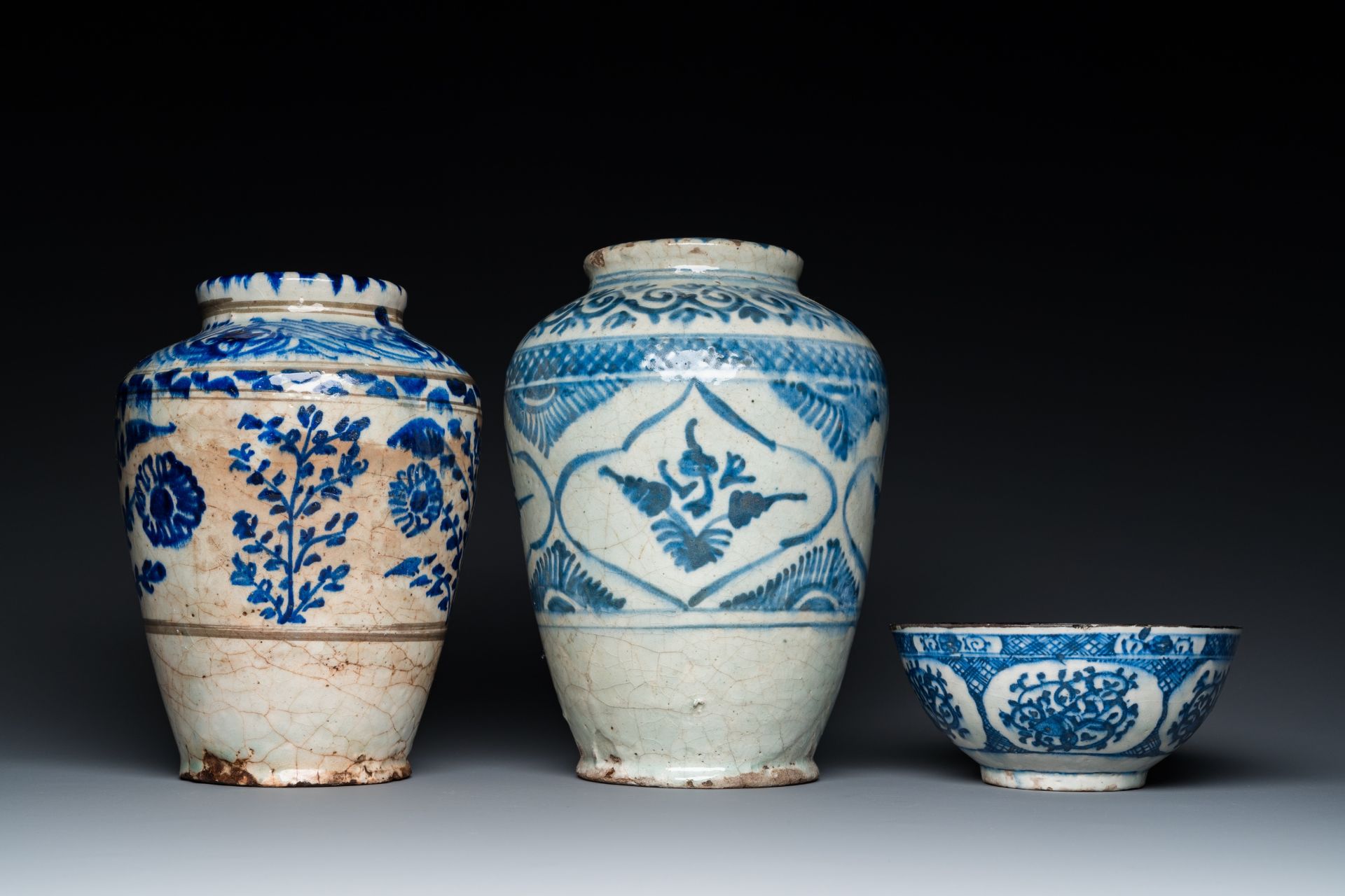 Two blue and white Islamic pottery storage jars and a bowl, Persia, 17/19th C. - Image 3 of 7