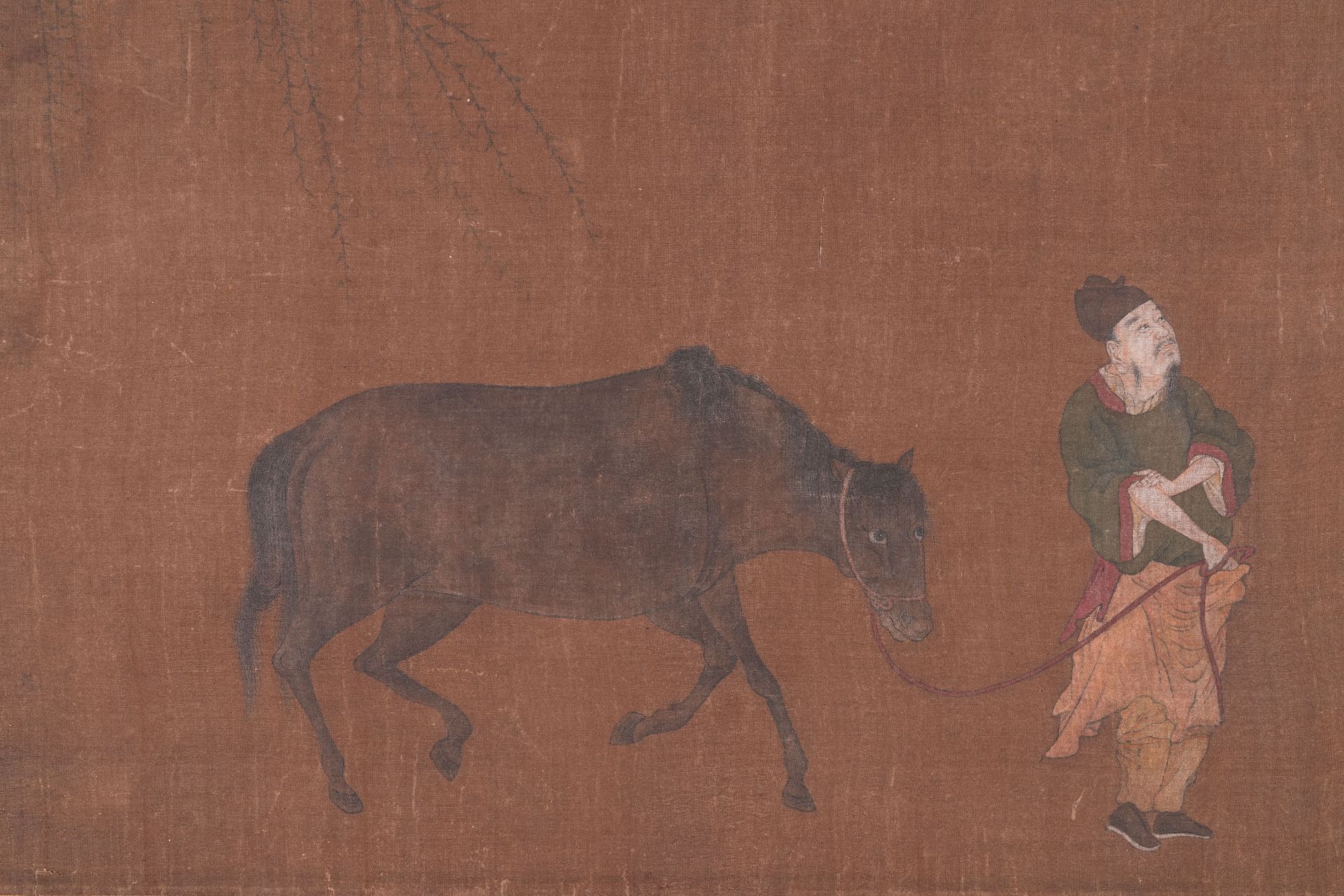 Bo Yuan ä¼¯é : 'A groom leads a horse', ink and colour on silk, probably Ming - Image 5 of 6