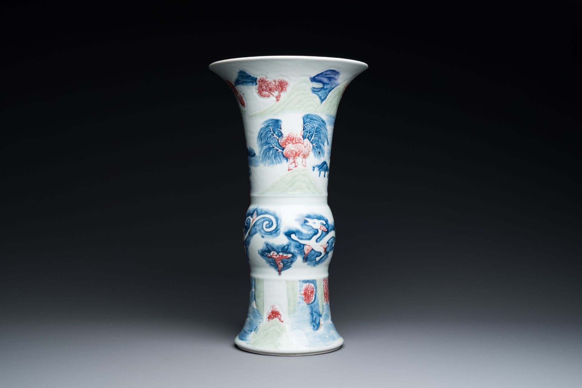 A Chinese blue, white, celadon and copper-red 'yenyen' vase, Kangxi mark, Qing - Image 4 of 6
